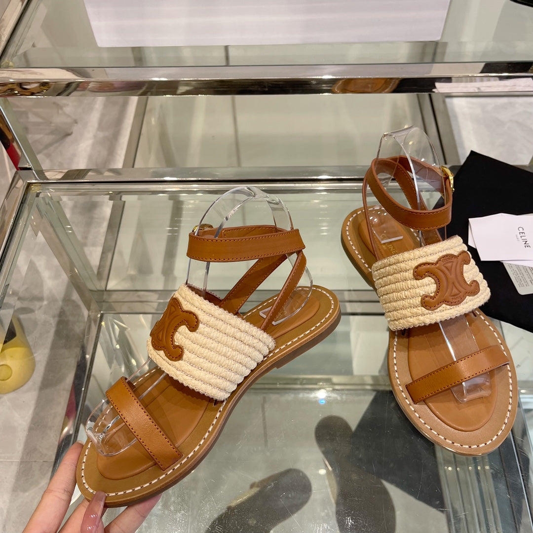 LYMPIAR FLAT STRAP SANDAL IN RAFFIA CALFSKIN