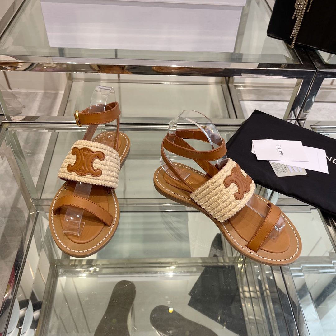 LYMPIAR FLAT STRAP SANDAL IN RAFFIA CALFSKIN