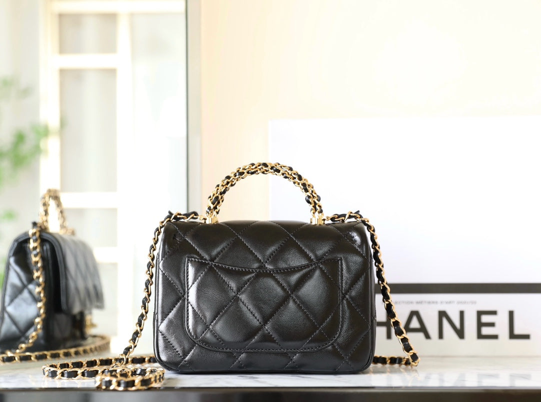 24B Mini Flap Bag With Top Handle 19cm Black Lambskin