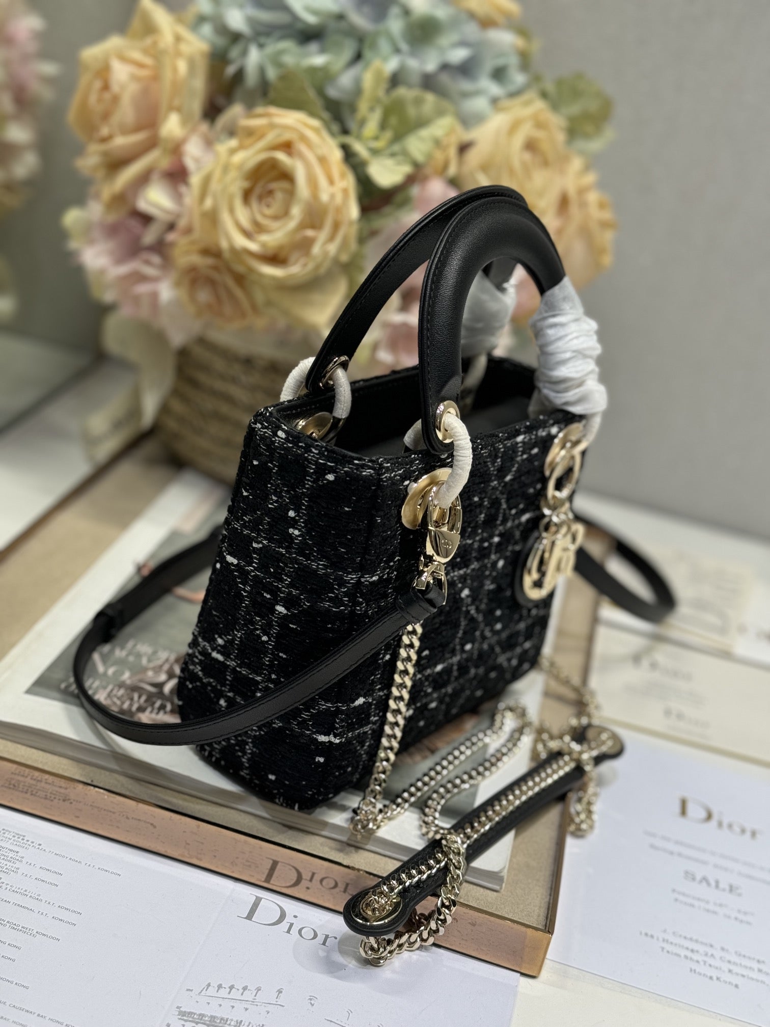 CD Lady 17cm Black Lambskin Black White Canvas
