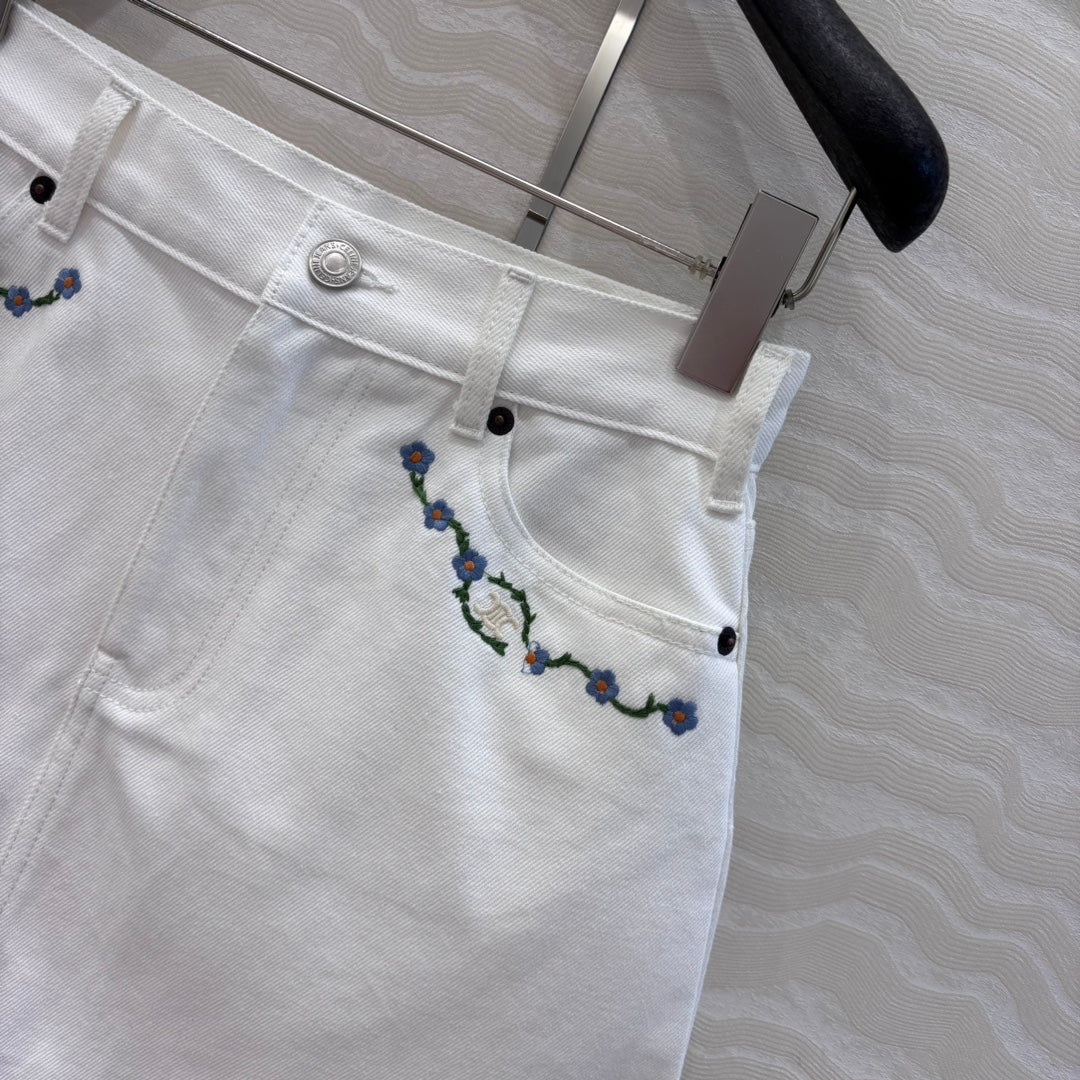 Celine 25 Embroidered Small Flower Skirt White  Cotton
