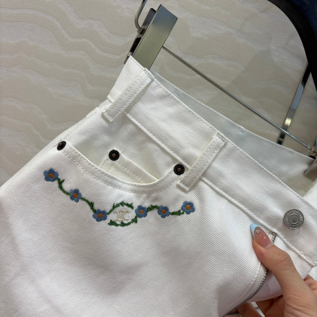 Celine 25 Embroidered Small Flower Skirt White  Cotton