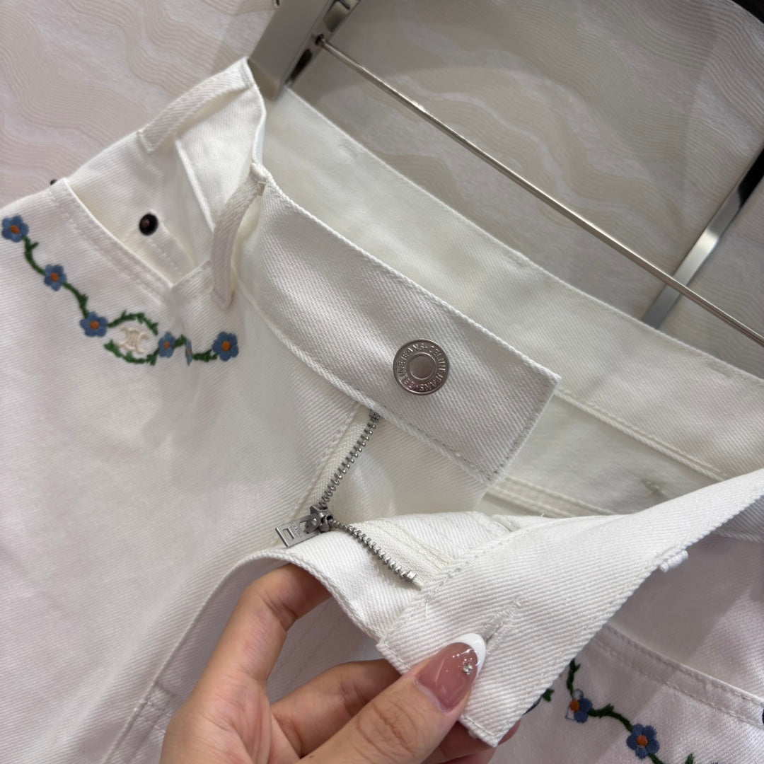 Celine 25 Embroidered Small Flower Skirt White  Cotton