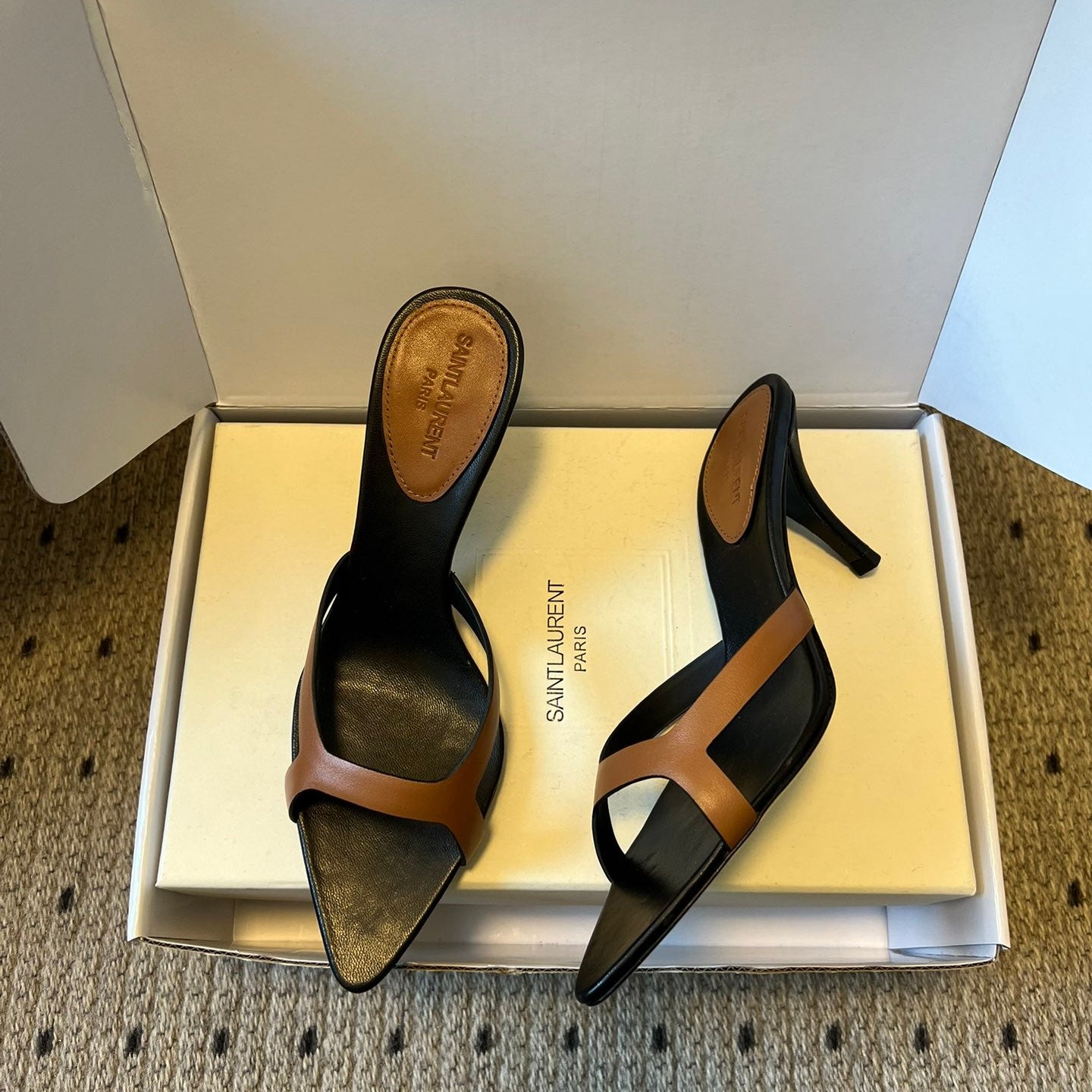 YSL 26ss High Heeled Mules 75 Black Brown Cowhide 651761