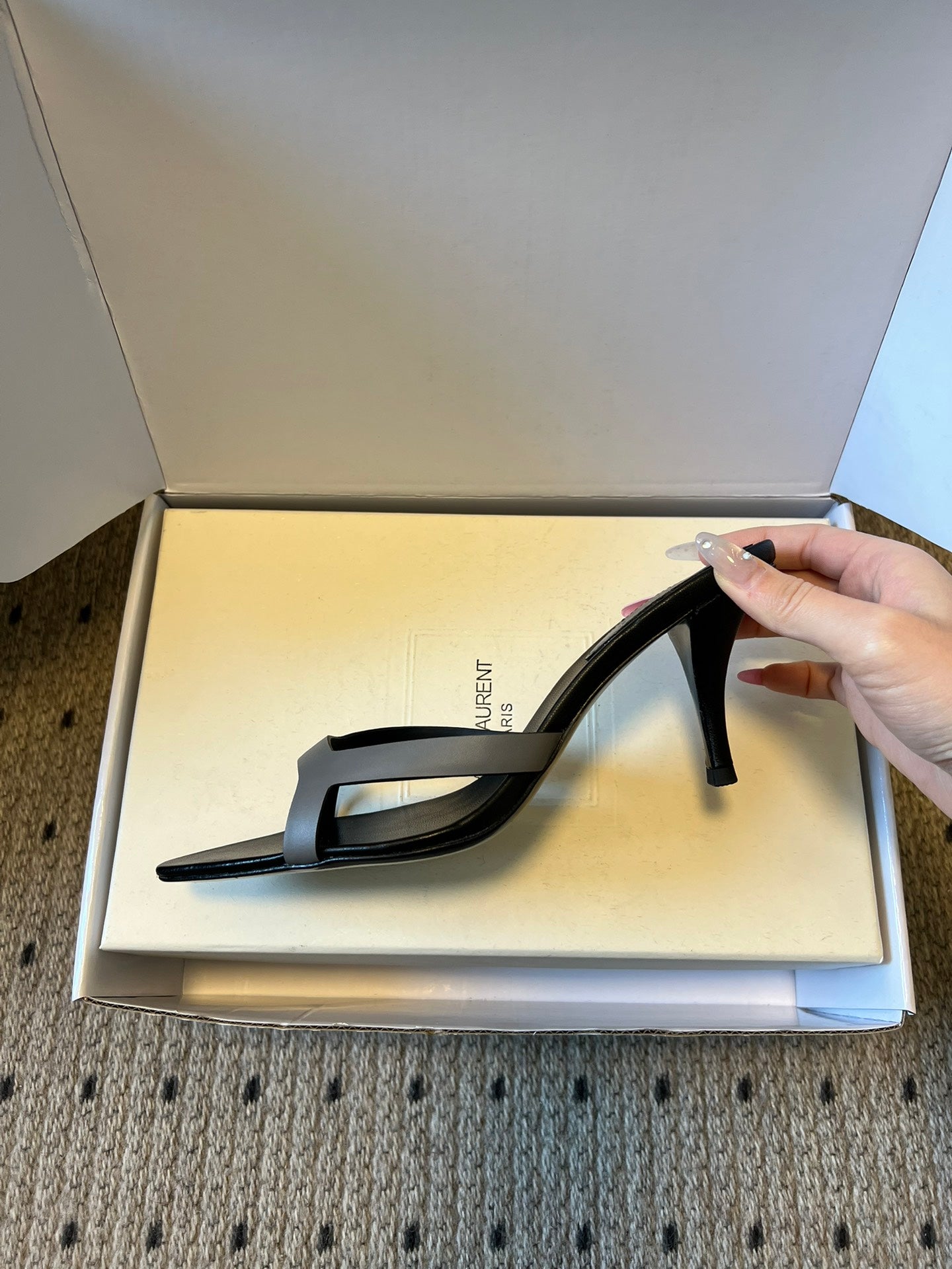 YSL 26ss High Heeled Mules 75 Black Gray Cowhide 651762