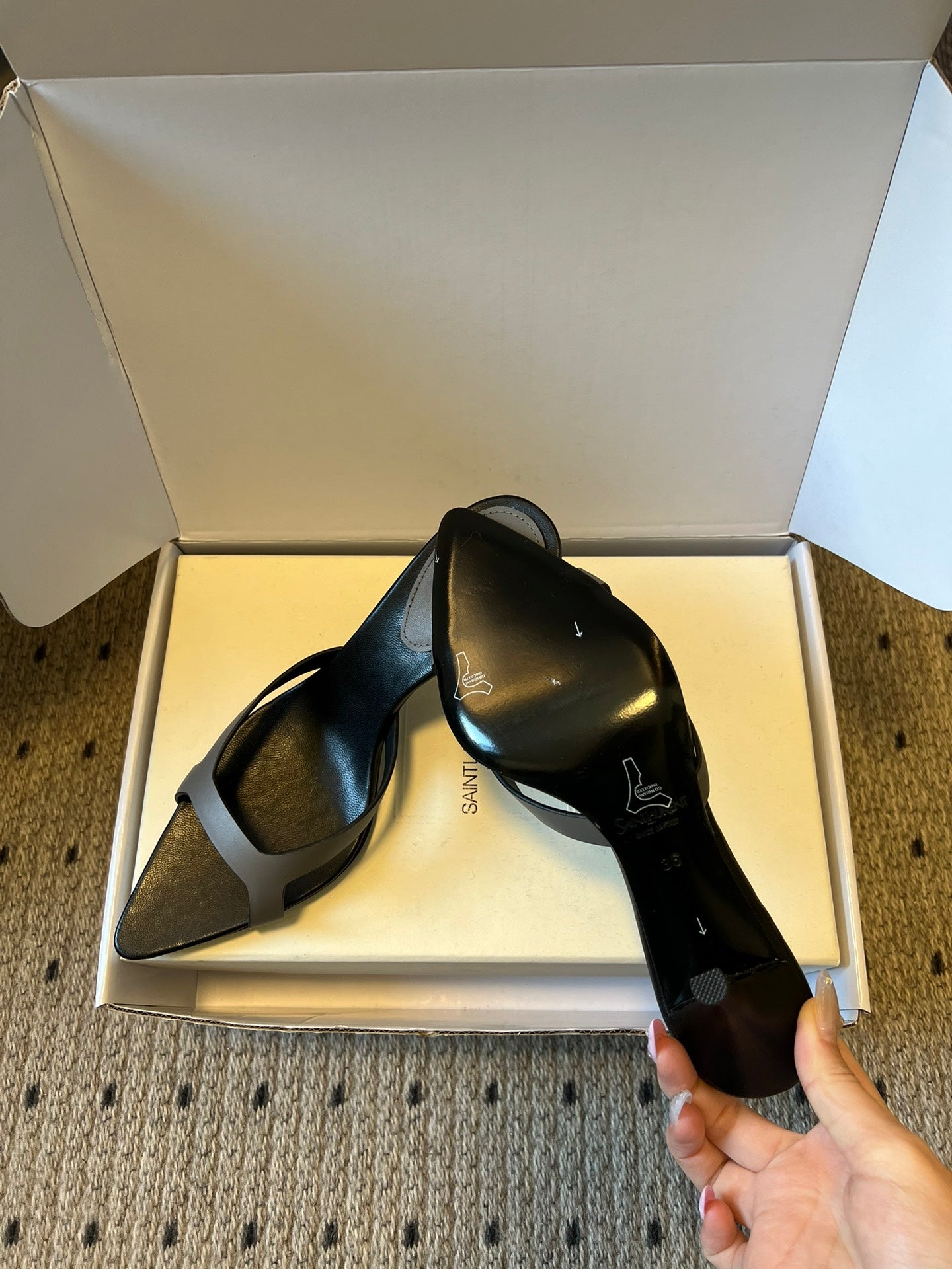 YSL 26ss High Heeled Mules 75 Black Gray Cowhide 651762