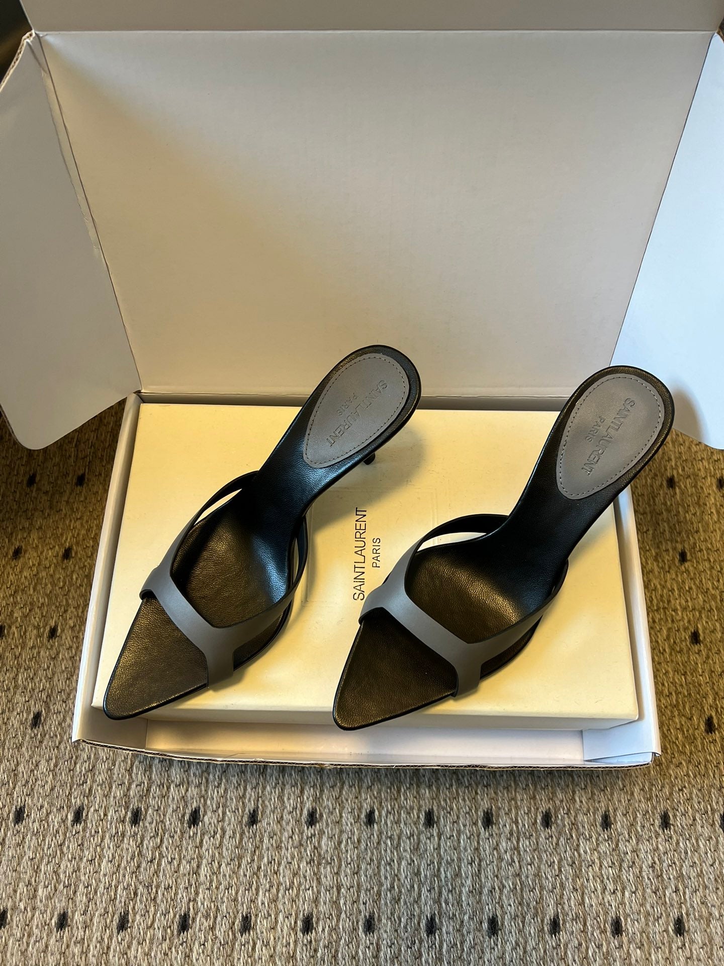 YSL 26ss High Heeled Mules 75 Black Gray Cowhide 651762