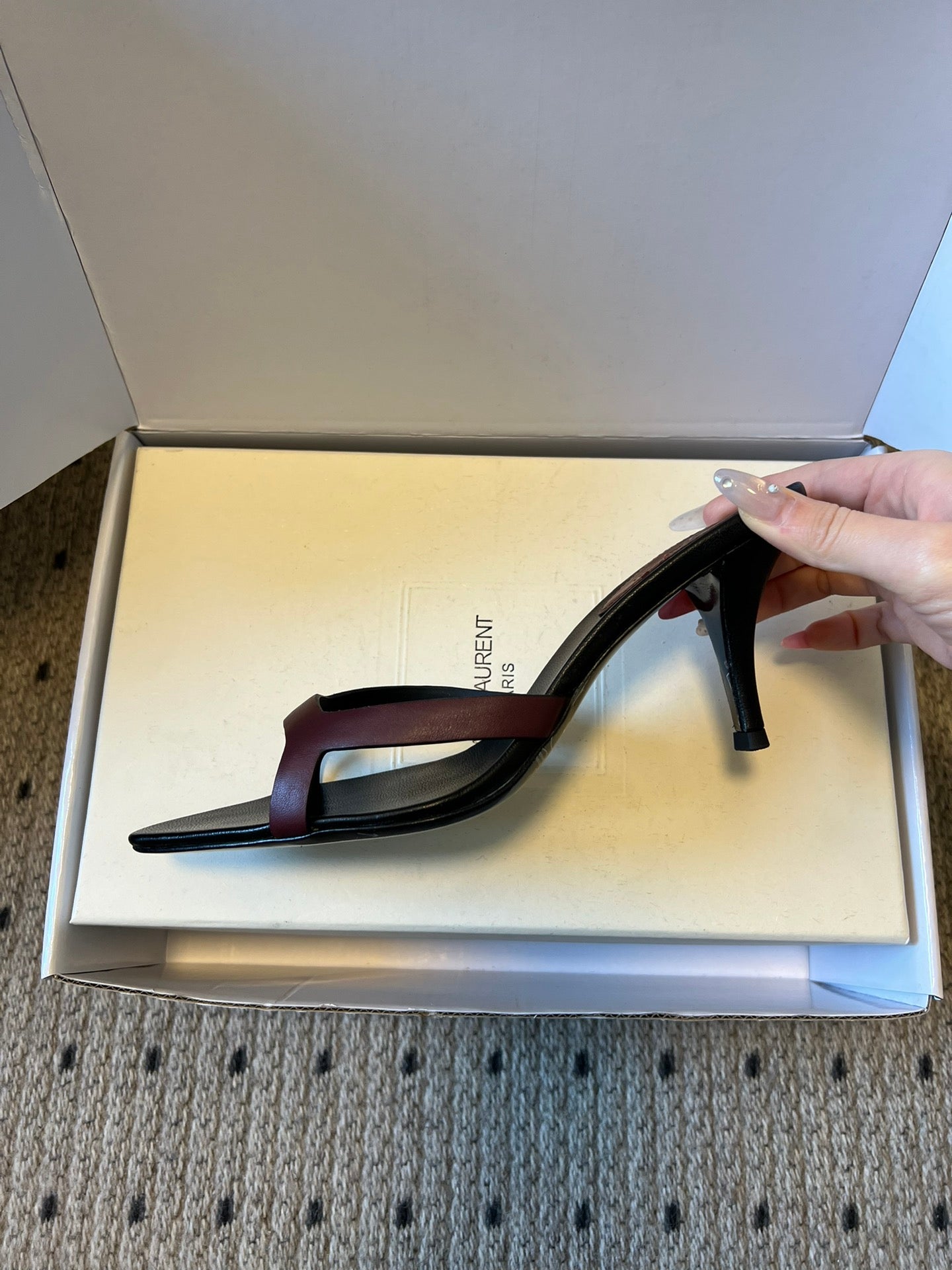 YSL 26ss High Heeled Mules 75 Black Burgundy Cowhide 651764