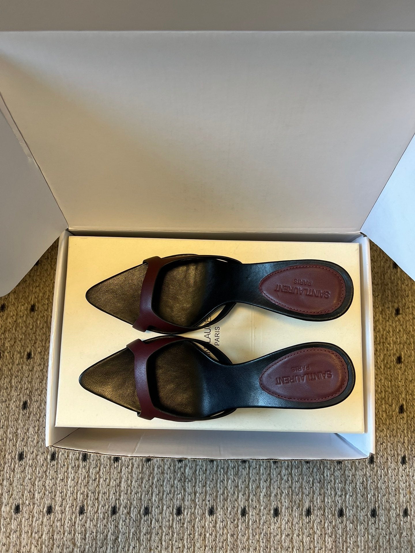 YSL 26ss High Heeled Mules 75 Black Burgundy Cowhide 651764