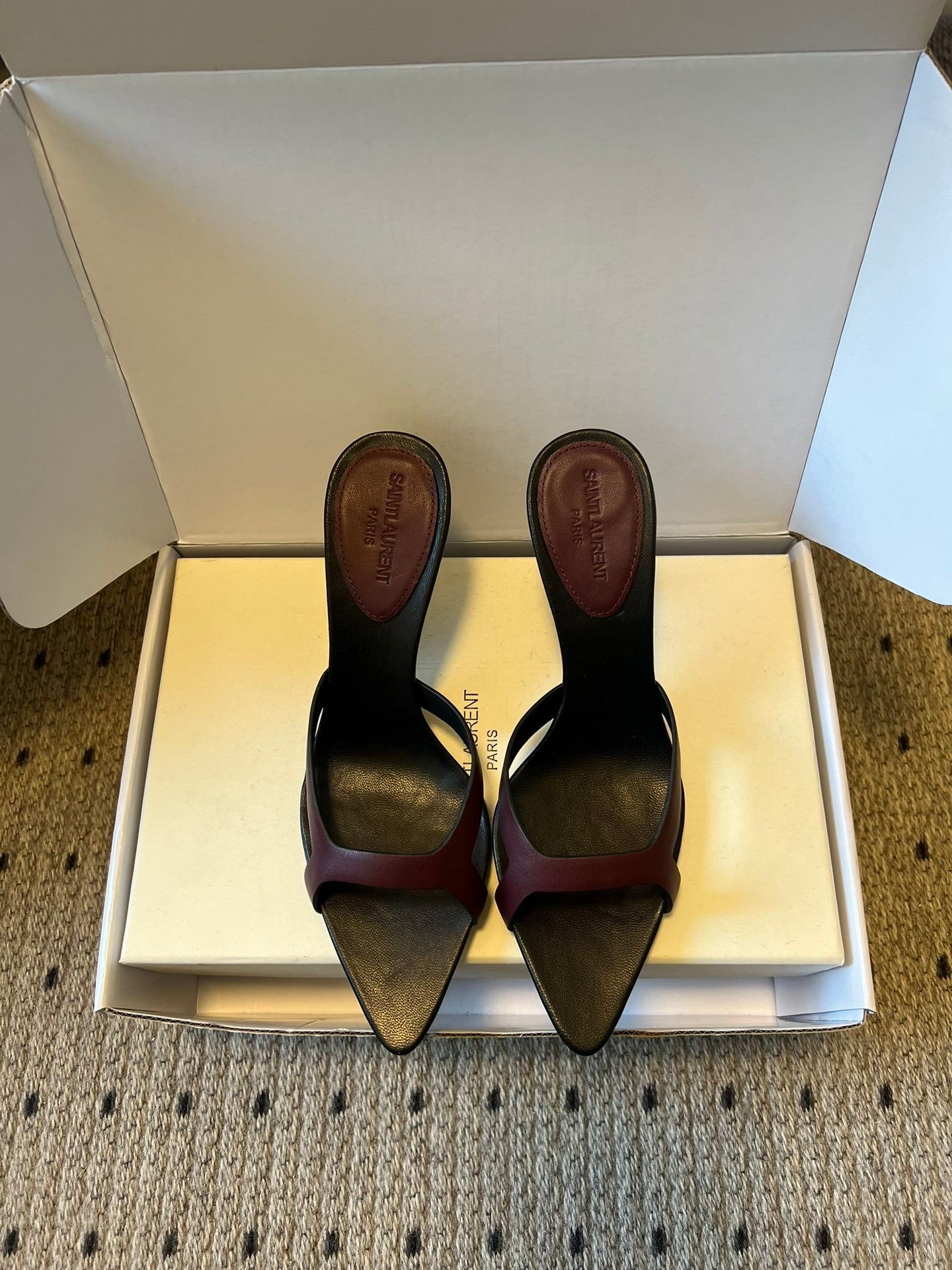 YSL 26ss High Heeled Mules 75 Black Burgundy Cowhide 651764