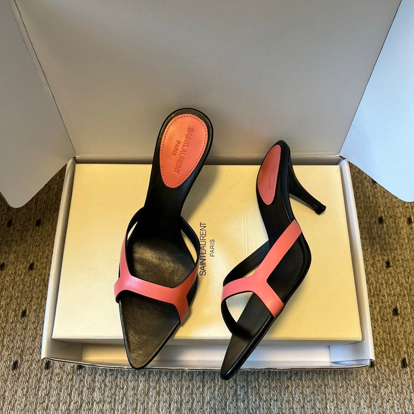 YSL 26ss High Heeled Mules 75 Black Pink Cowhide 651768