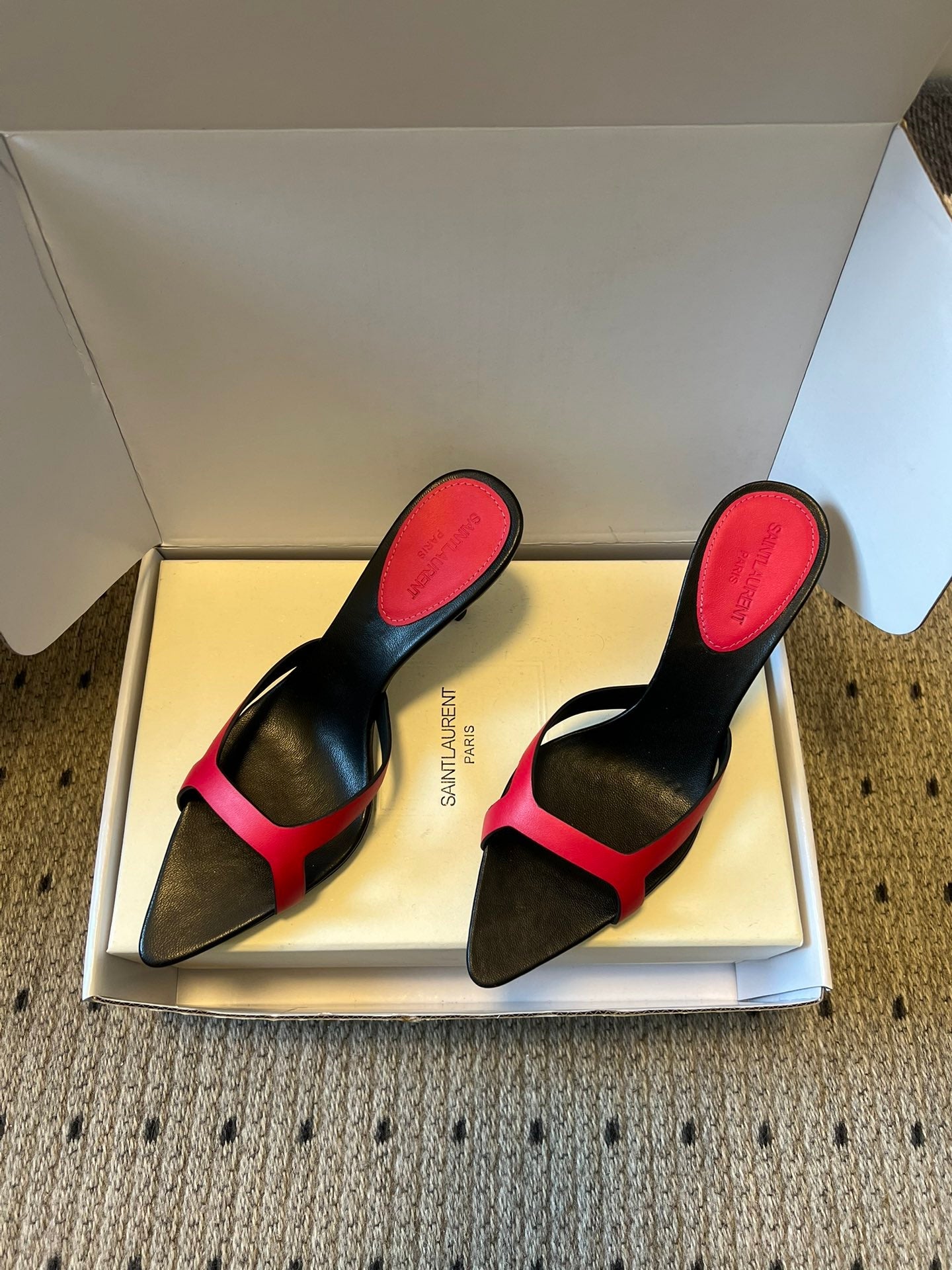 YSL 26ss High Heeled Mules 75 Black Dark Pink Cowhide 651768