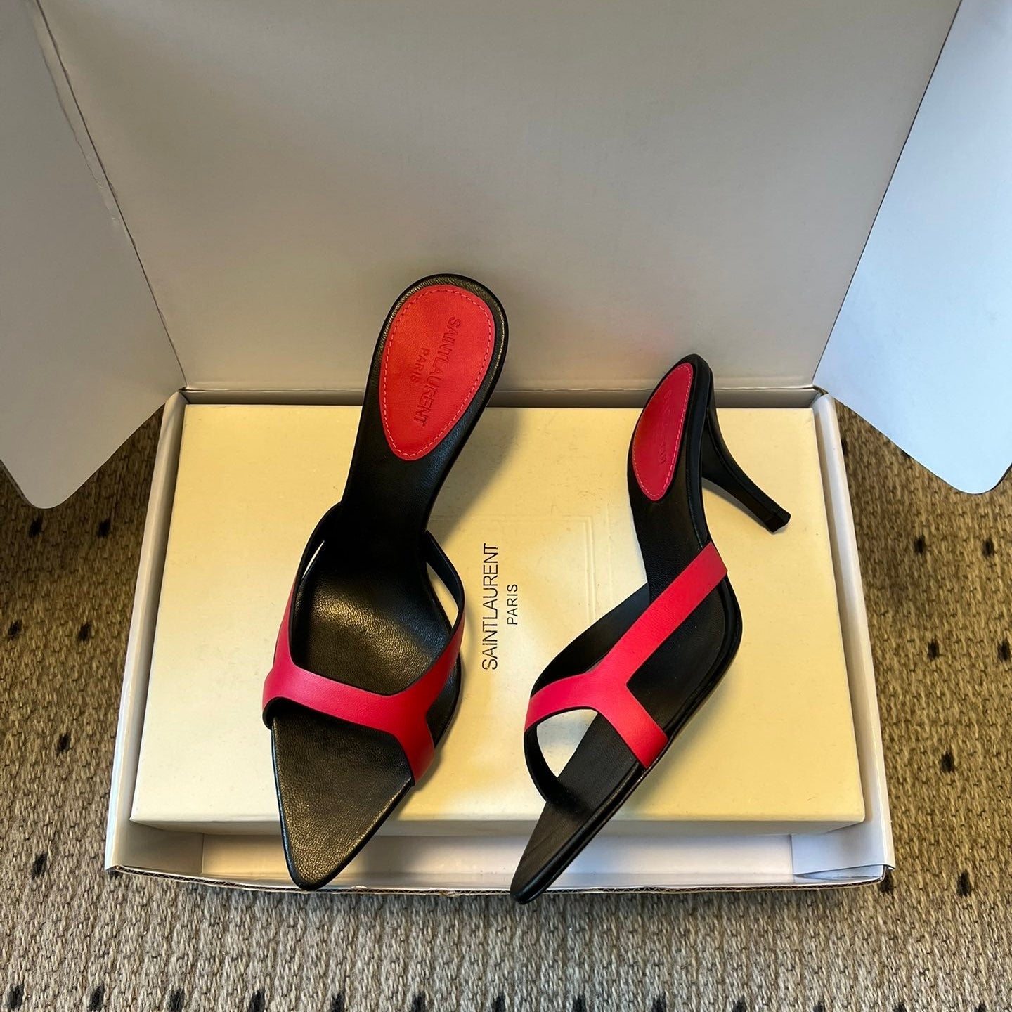 YSL 26ss High Heeled Mules 75 Black Dark Pink Cowhide 651768