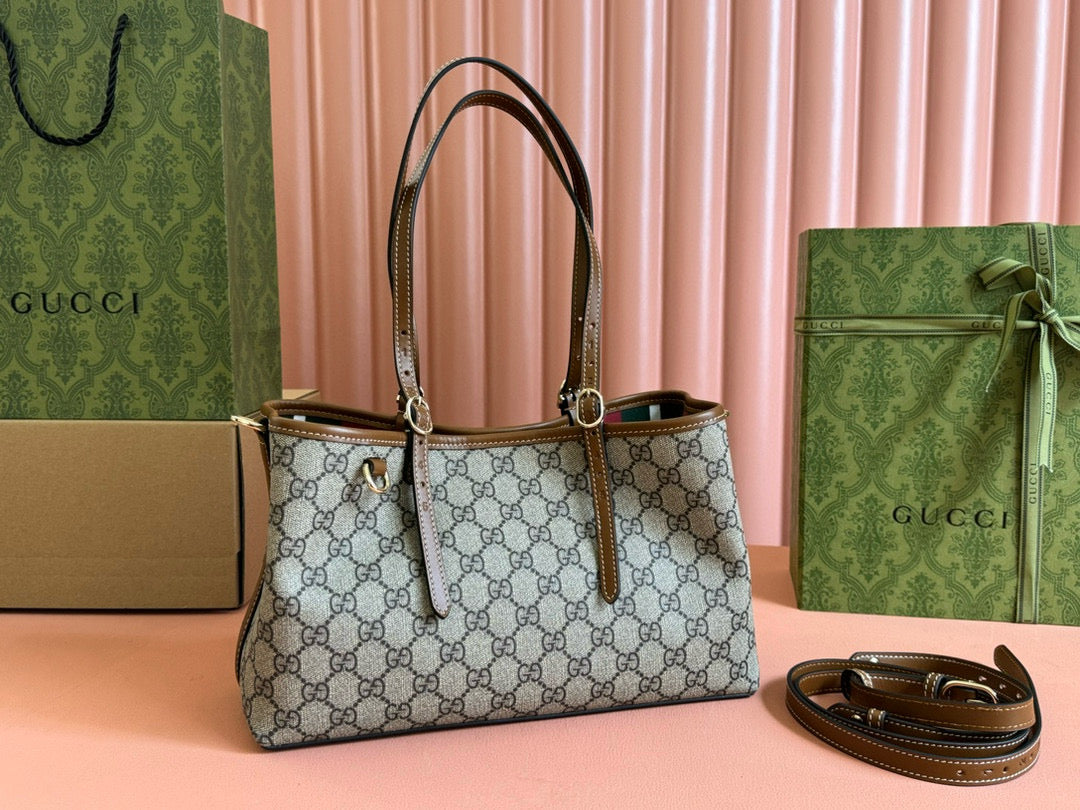 Gucci GG Emblem Small Tote Bag Beige Ebony Leather