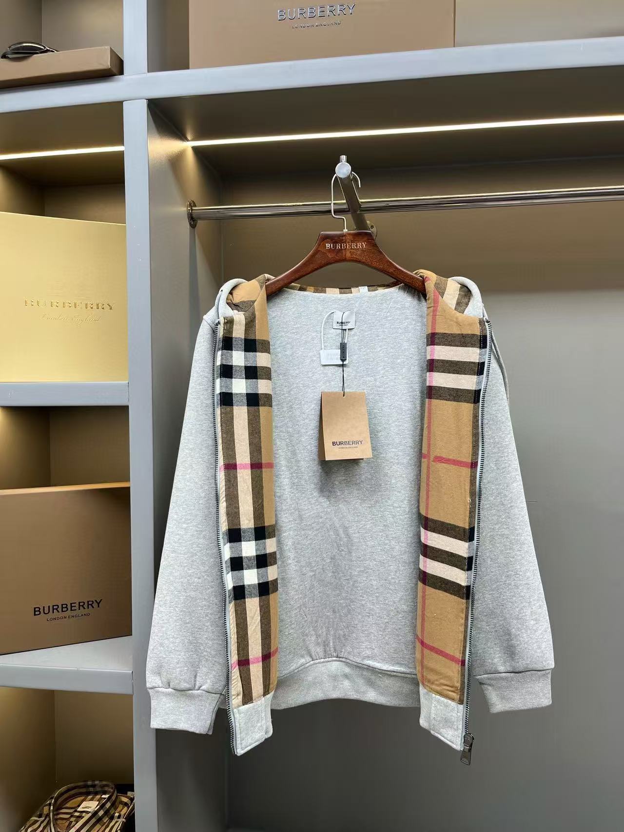Burberry Checked Thick Hoodie Gray Cotton