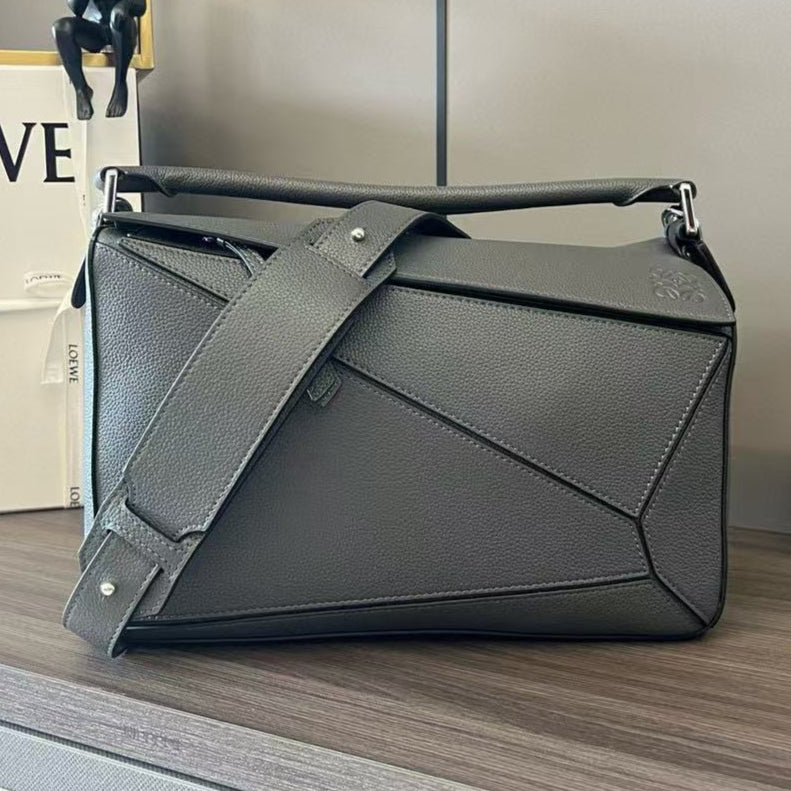 Loewe Puzzle Bag 29cm Black Silver White Soft Grained Cowhide