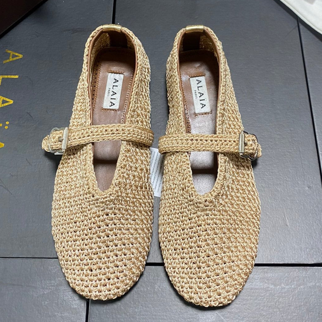 Alaia 2026 Crochet Lurex Ballet Flat Beige Woven Leather