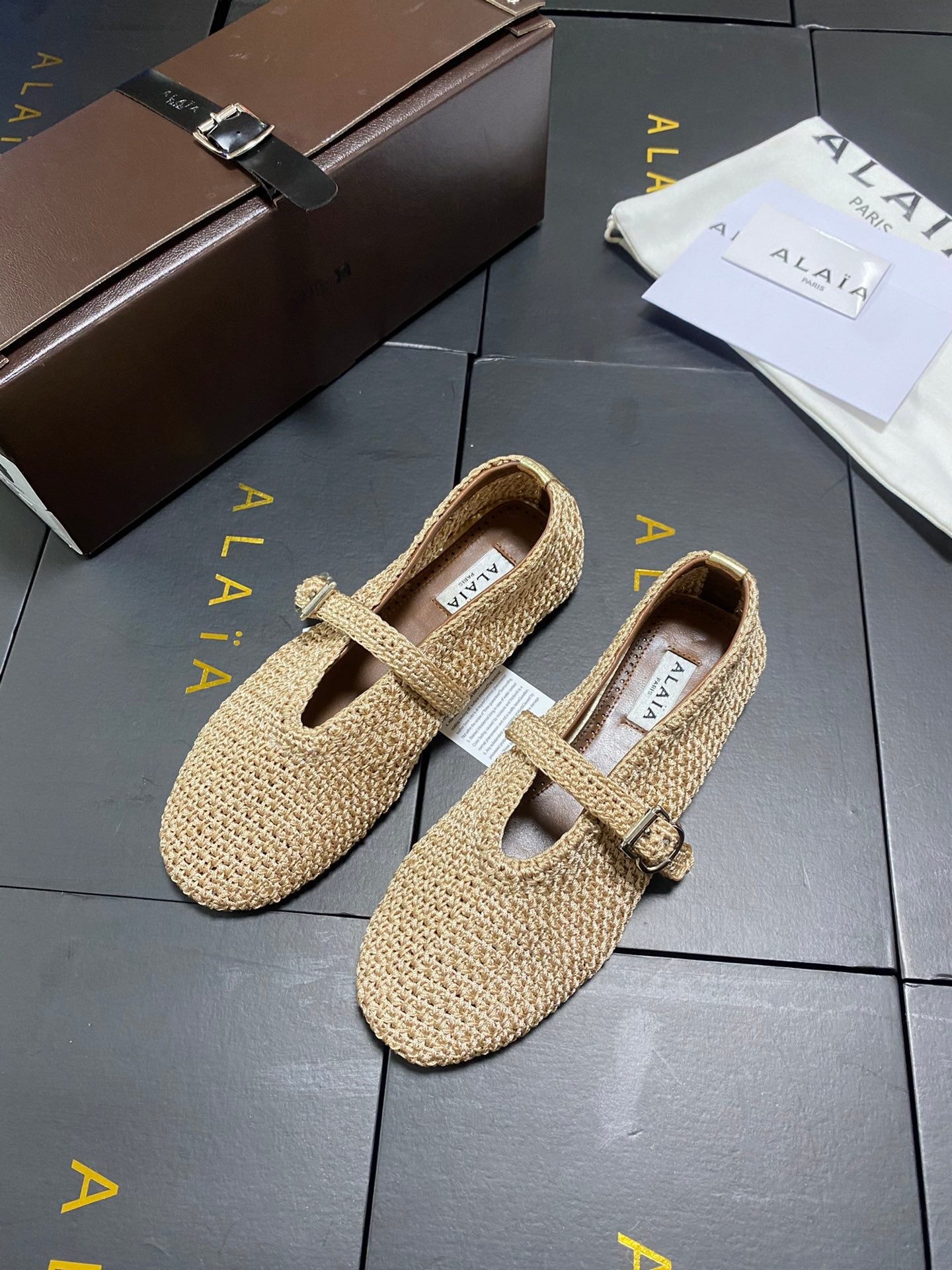 Alaia 2026 Crochet Lurex Ballet Flat Beige Woven Leather
