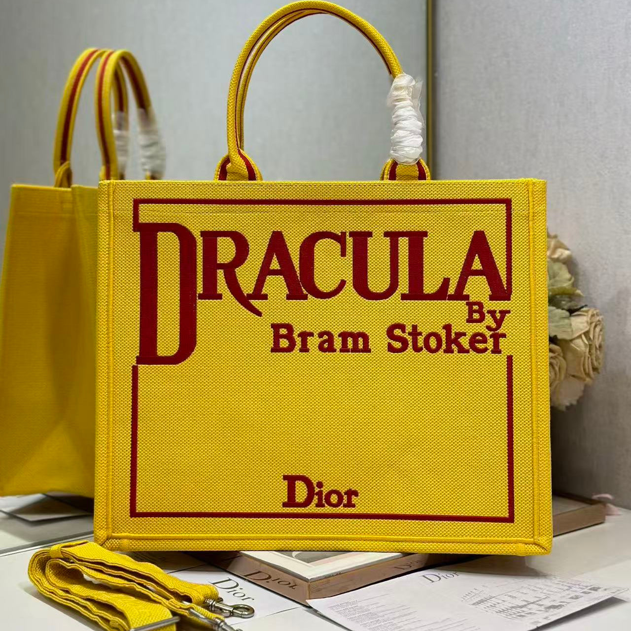 Dior 2026 Book Tote with Strap Yellow and Red Book Cover Embroidery
