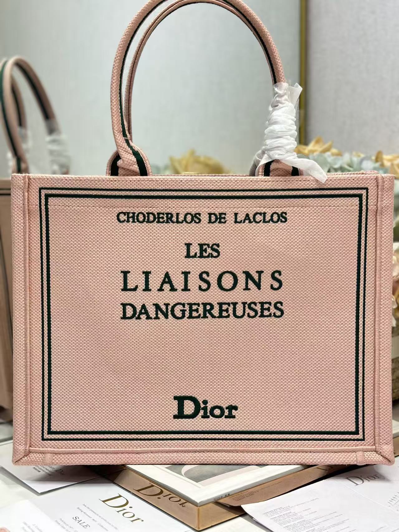 Dior 2026 Book Tote Bag 36cm Embroidered "Les Liaisons Dangereuses" Pink Canvas