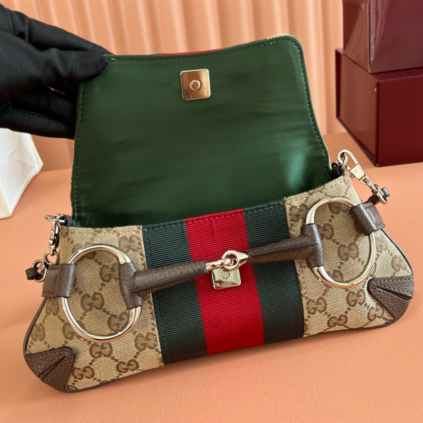 Gucci 2026 Horsebit Chain Shoulder Bag 27cm Beige Red Green Canvas Leather