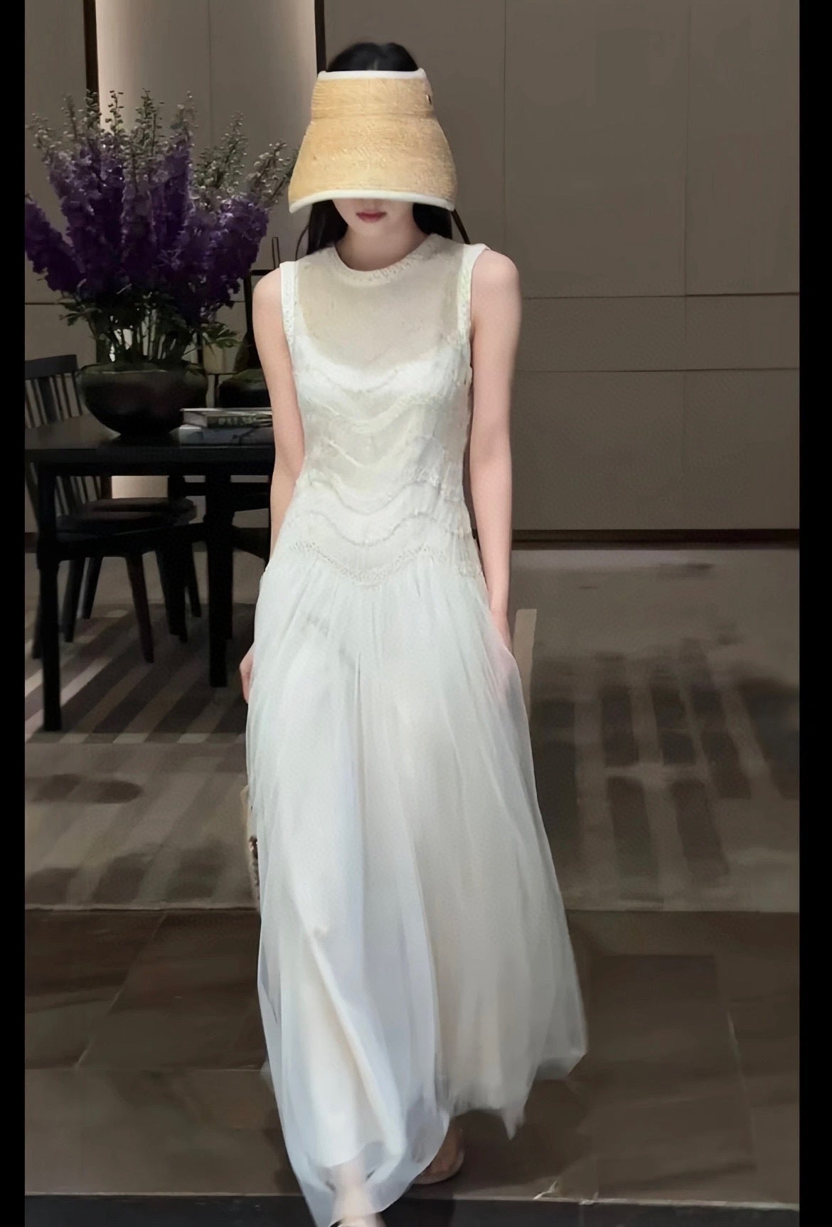 Dior 2026 Heavy-duty Woven Lace-trimmed Tulle Dress Cream Cotton 323789