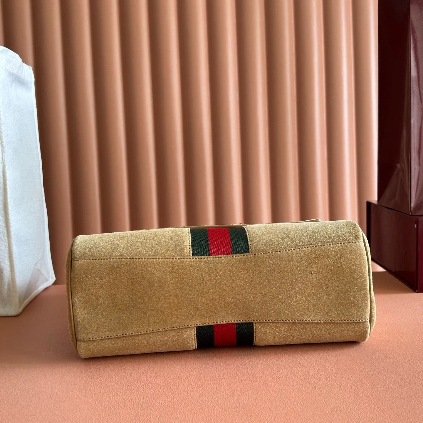 Gucci 2026 Paparazzo Shoulder Bag 30cm Beige Red Green Suede Leather