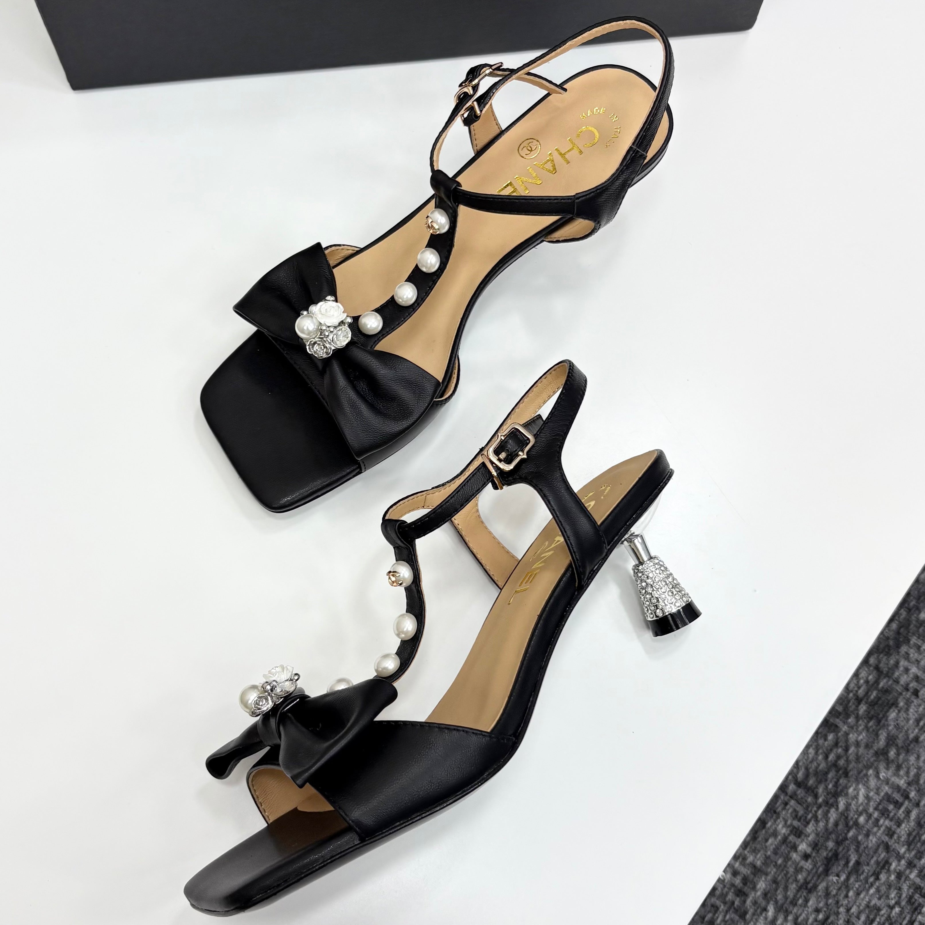 Chanel 2026 Bow Pearl Sandal Black Sheepskin