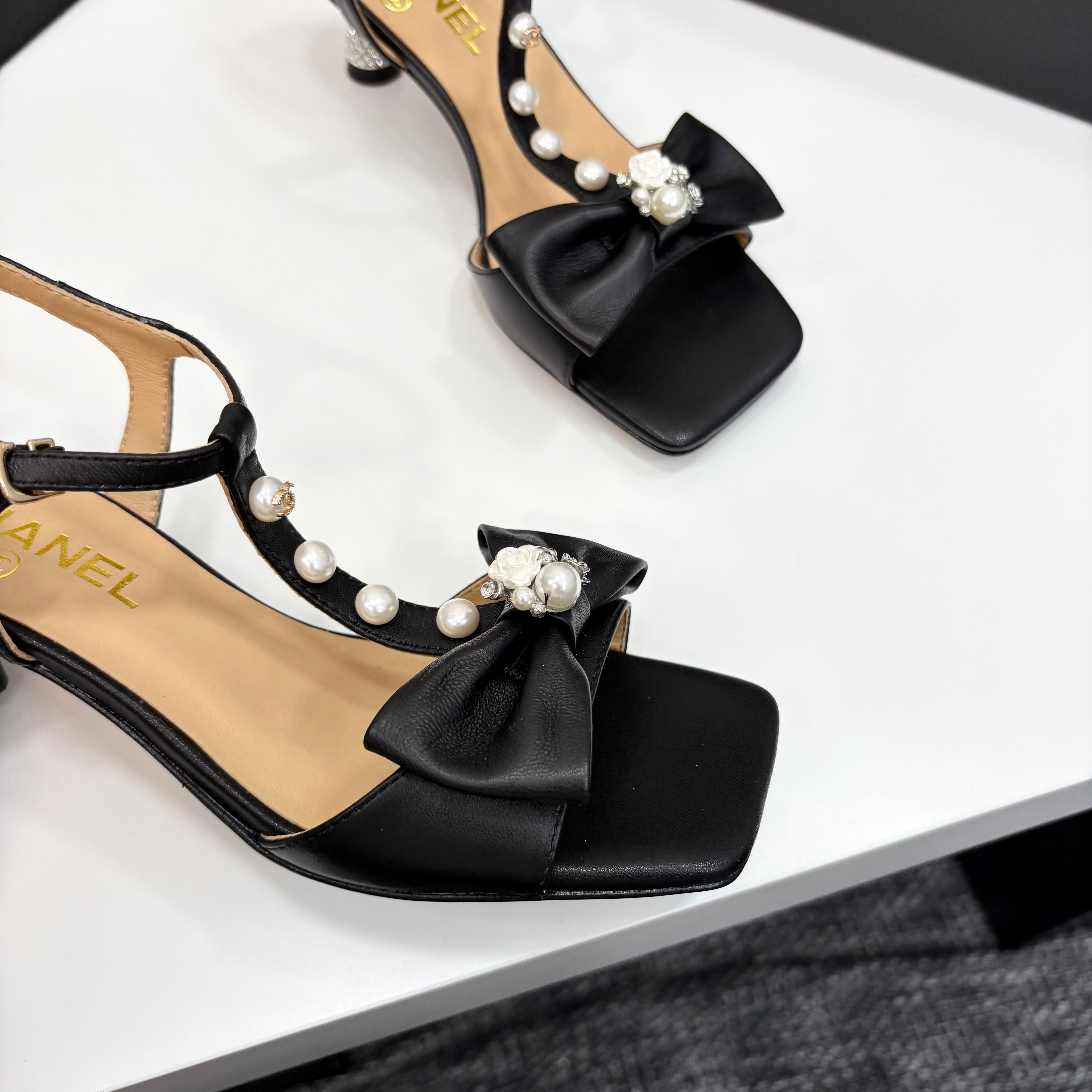 Chanel 2026 Bow Pearl Sandal Black Sheepskin