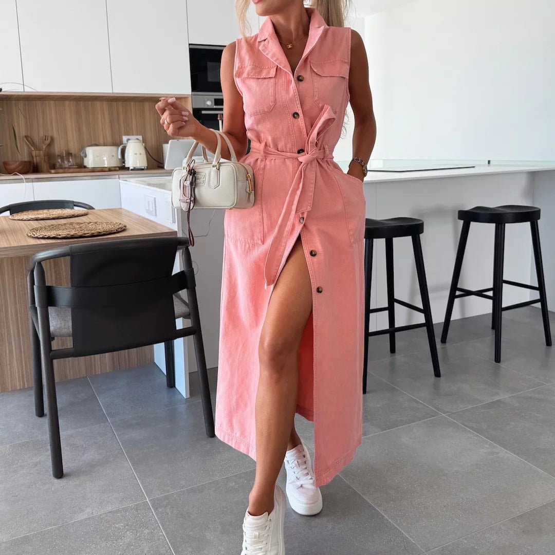 Robe Longue en Jean Ceinturée