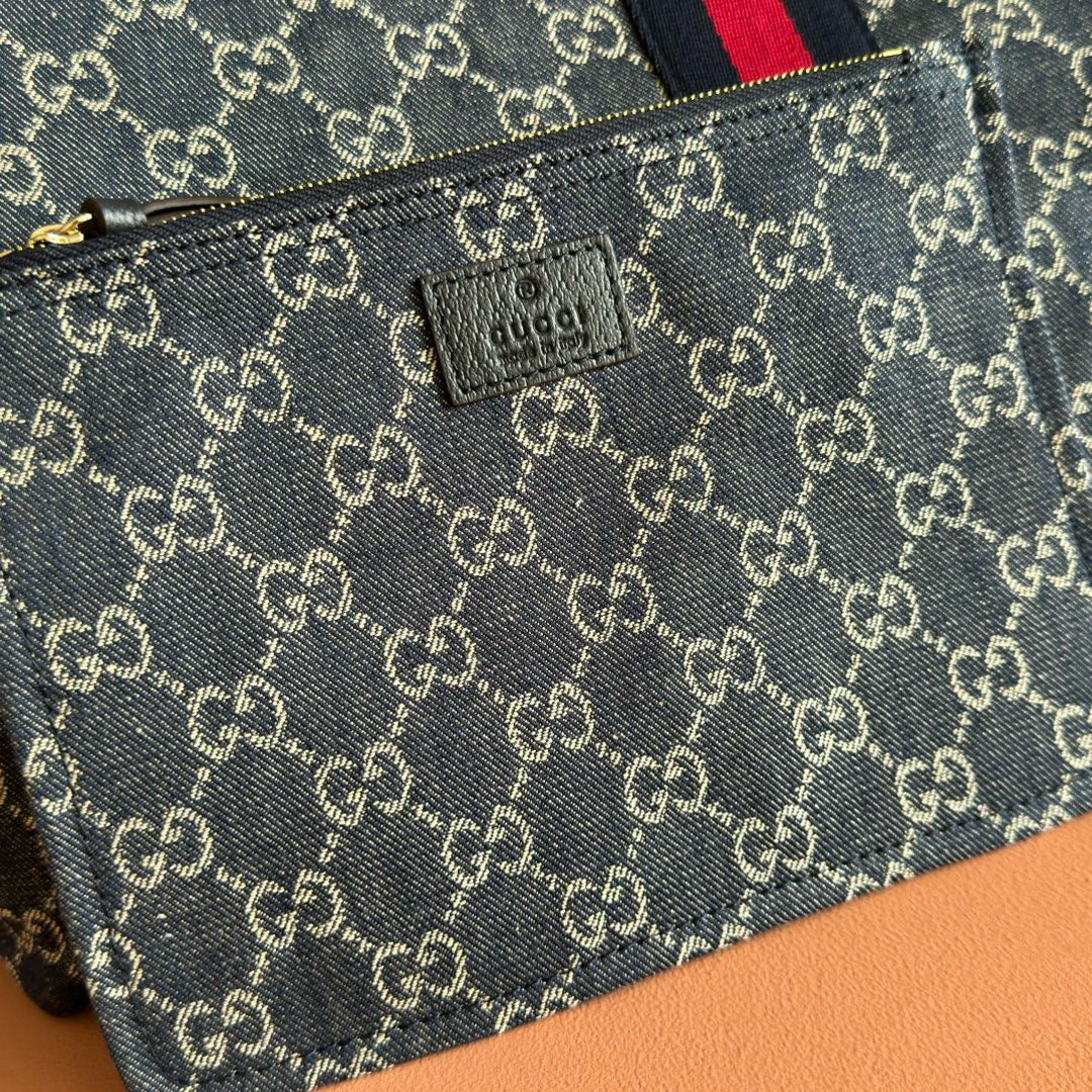Gucci Giglio Large Tote Bag Blue and Red Denim