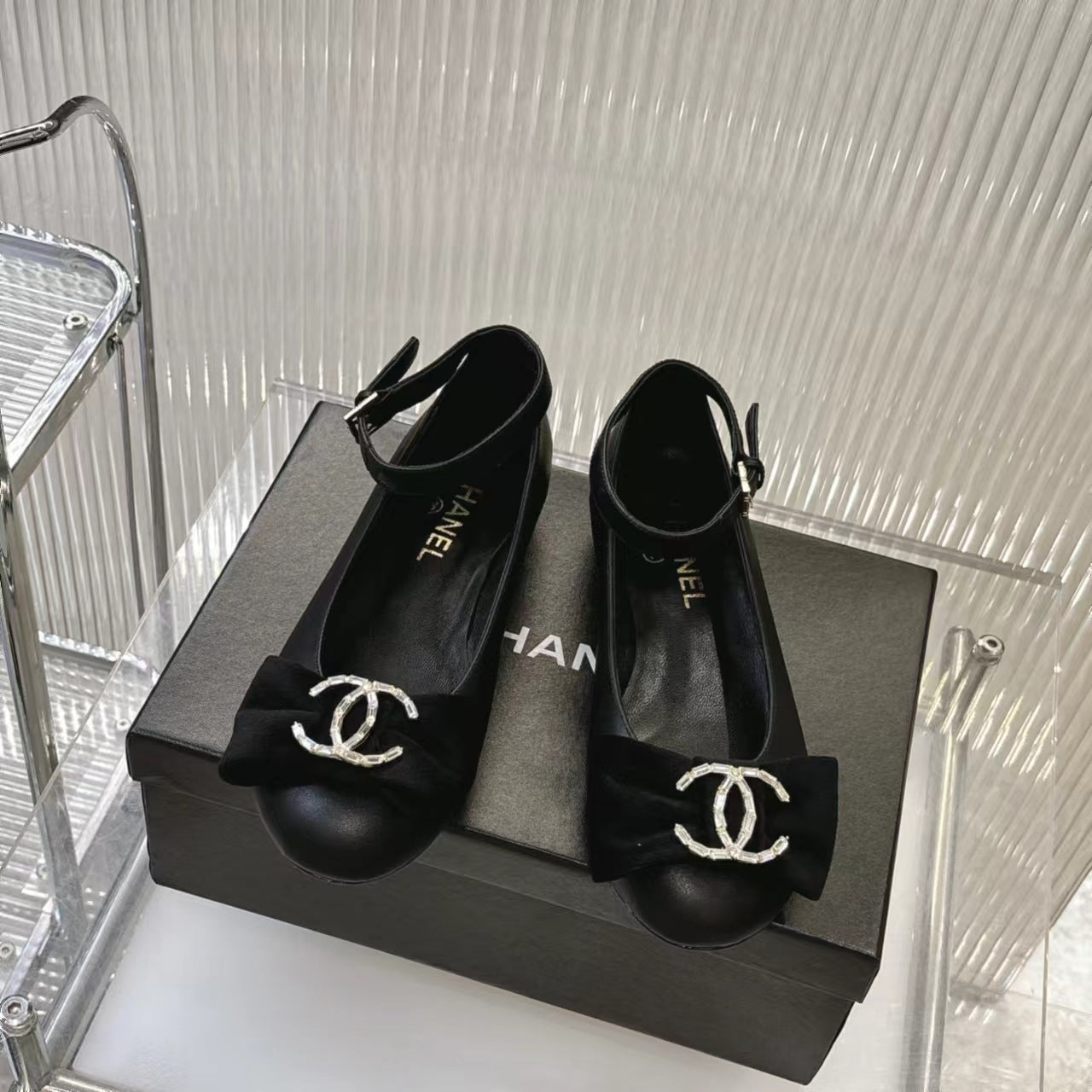 Chanel 2026 Mary Jane Ballet Flats Sheepskin Crystal CC Logo Bow 791131