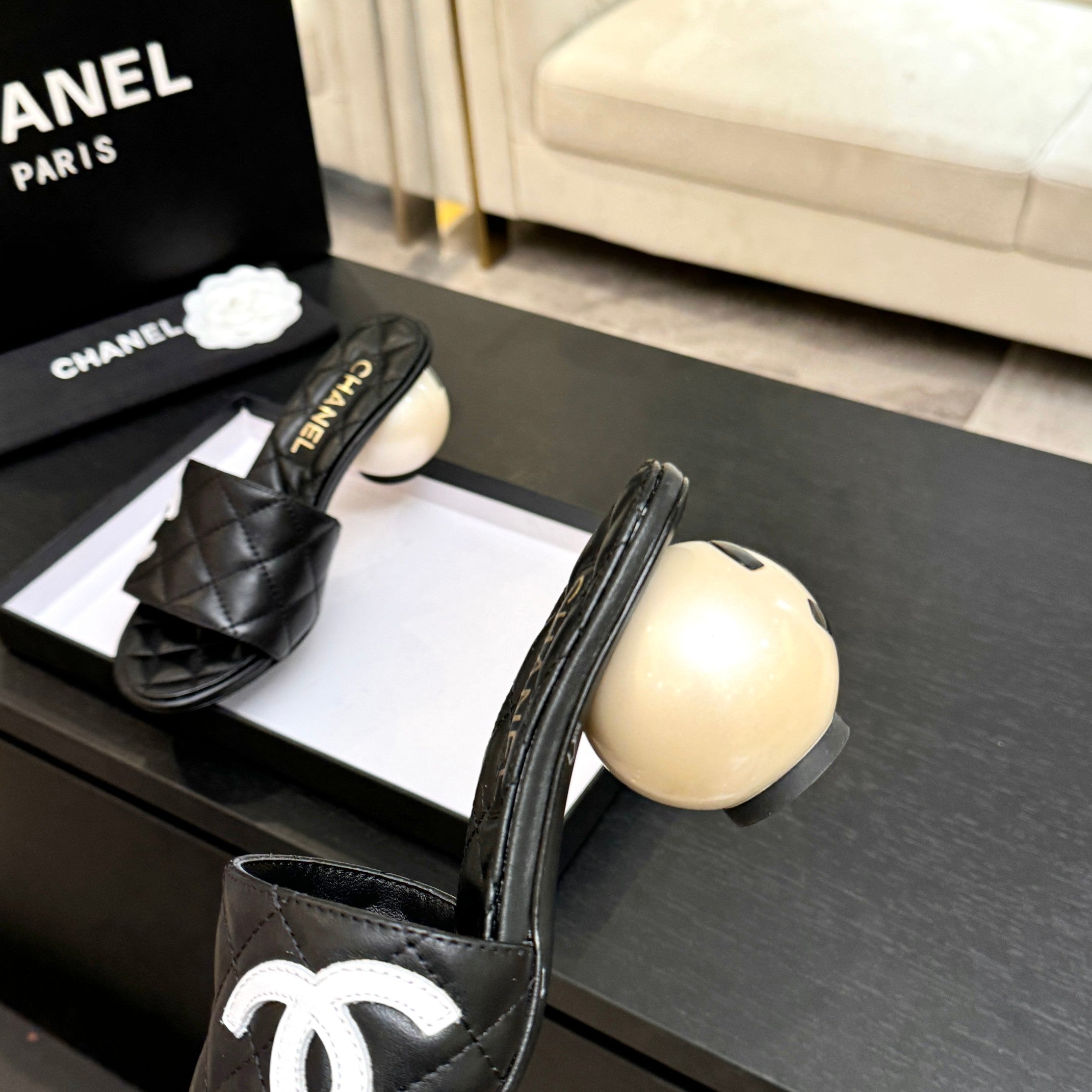 Chanel 2026 Double C Giant Pearl Heel Quilted Sandal 7cm Sheepskin 672903