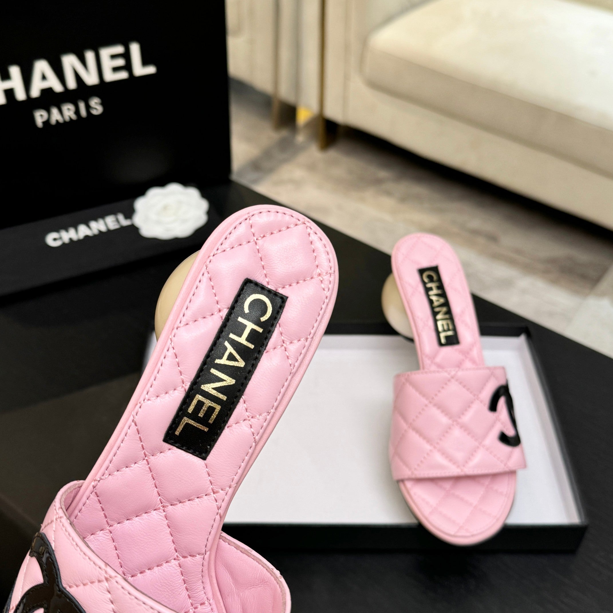 Chanel 2026 Double C Giant Pearl Heel Quilted Sandal 7cm Sheepskin 672903