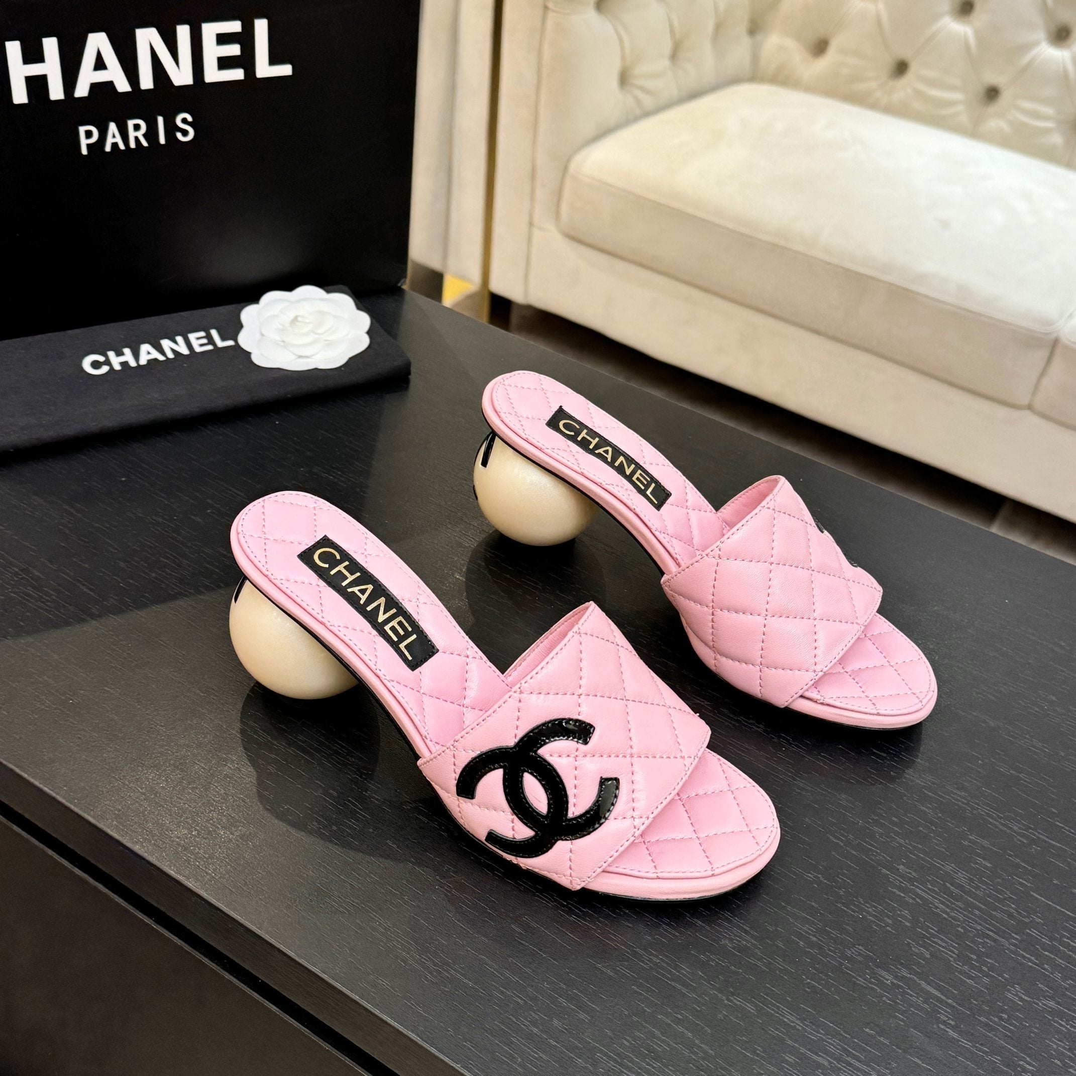 Chanel 2026 Double C Giant Pearl Heel Quilted Sandal 7cm Sheepskin 672903