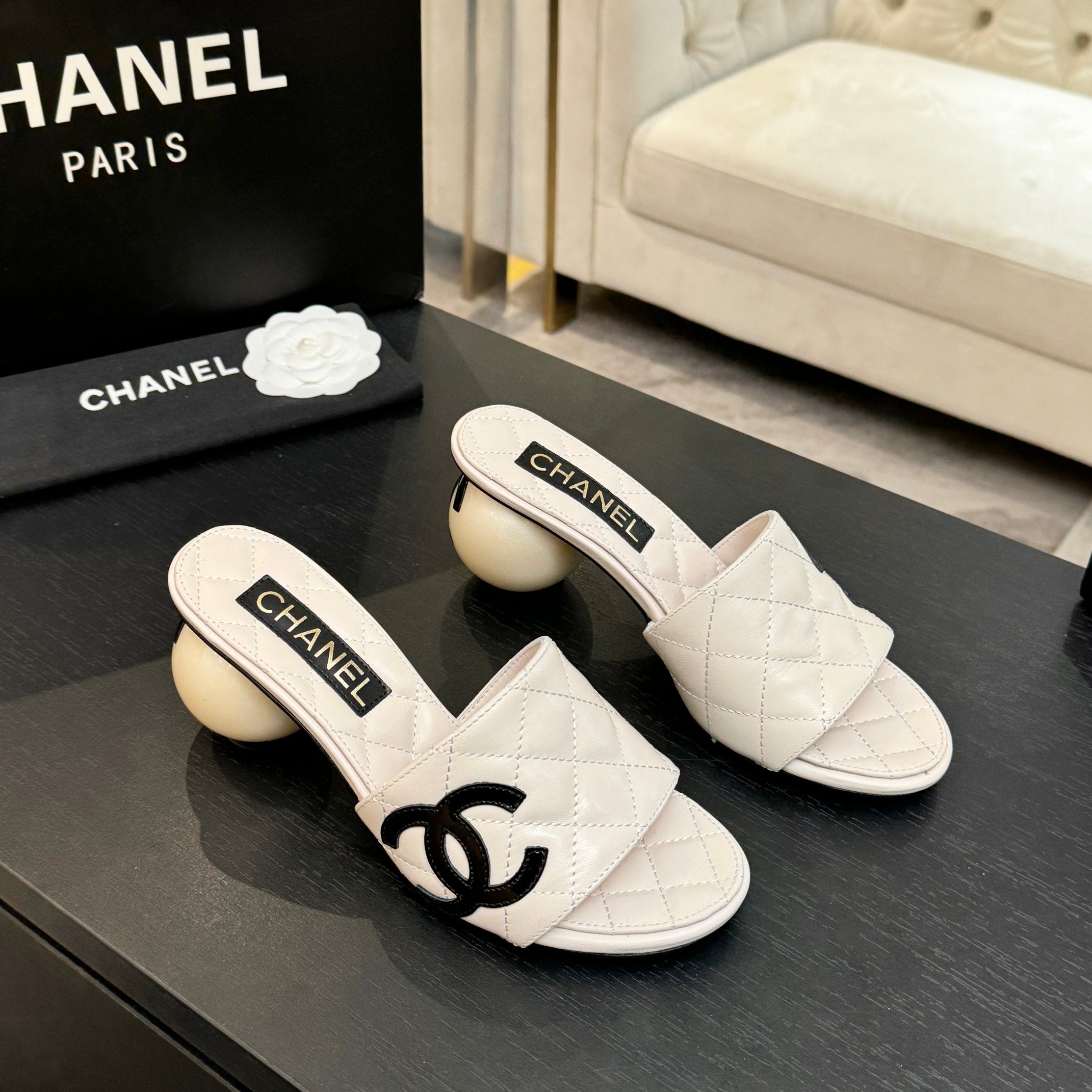 Chanel 2026 Double C Giant Pearl Heel Quilted Sandal 7cm Sheepskin 672903