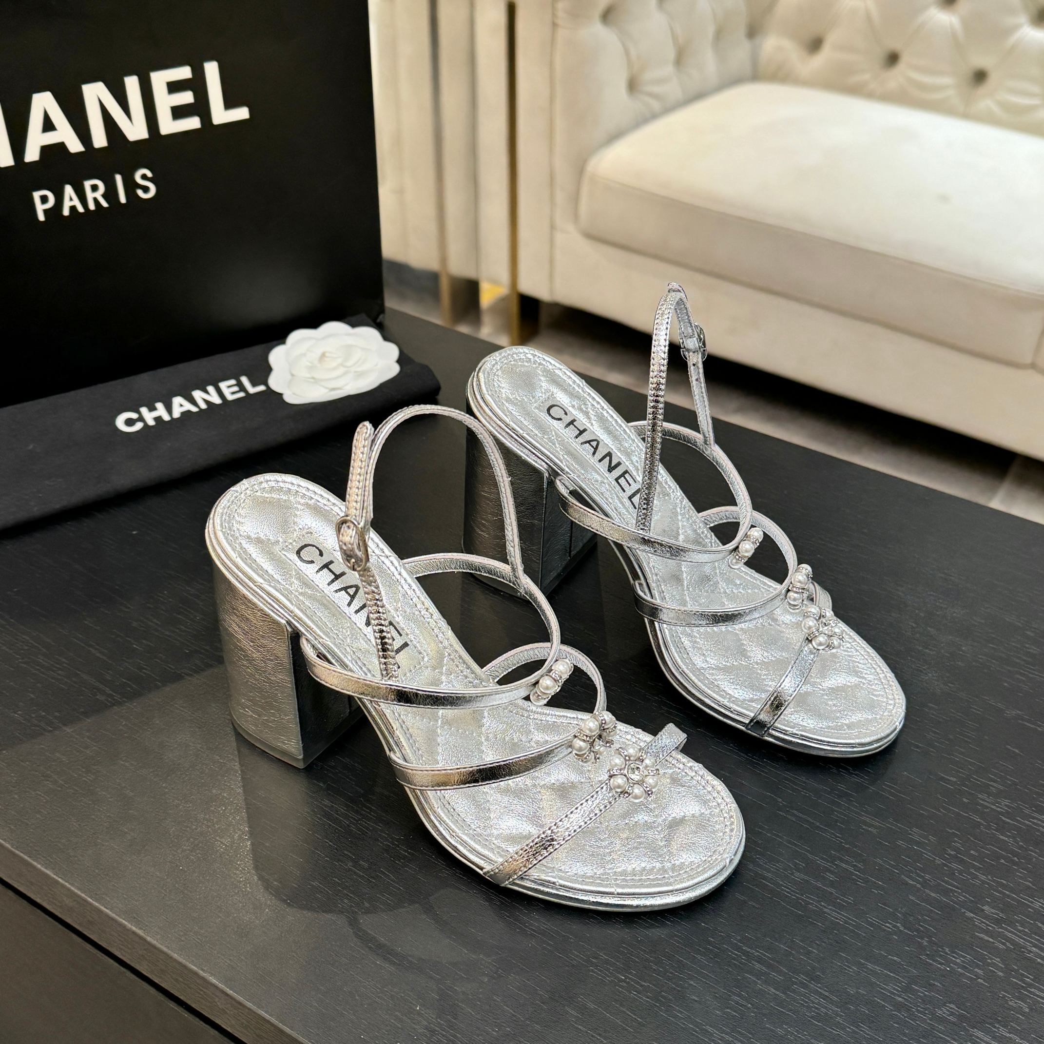 CC 2026 Camellia Chunky Heeled Sandals  90 Lambskin