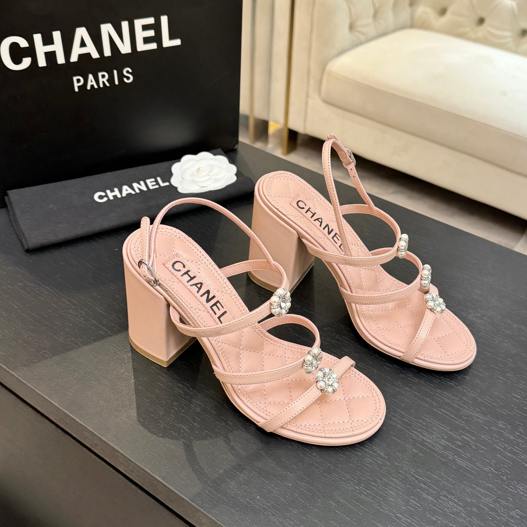 CC 2026 Camellia Chunky Heeled Sandals  90 Lambskin