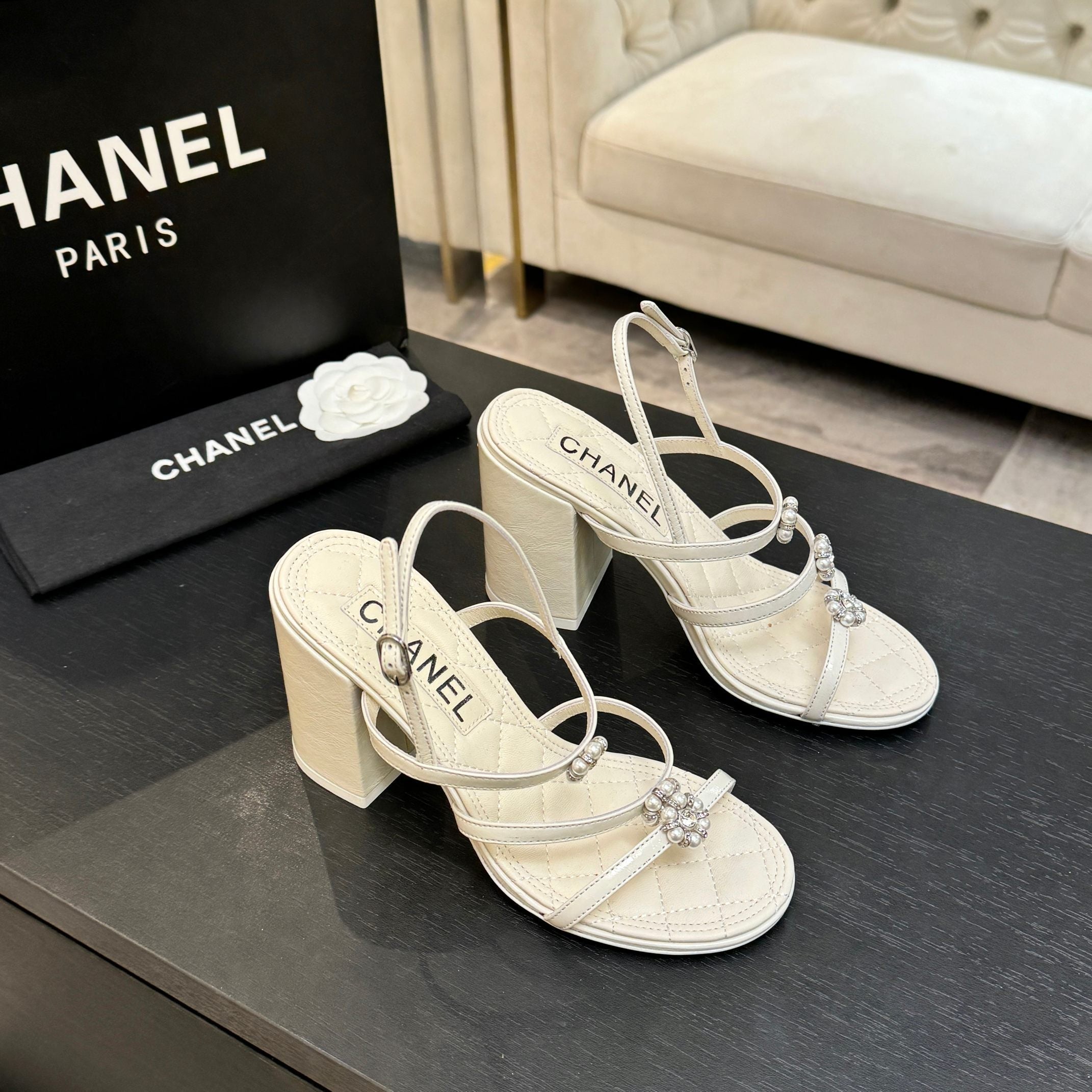 CC 2026 Camellia Chunky Heeled Sandals  90 Lambskin