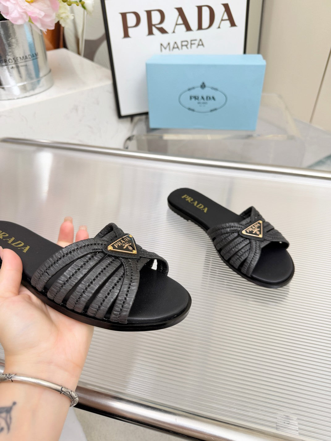 Prada 2026 Crochet Slide Raffia Leather 715974