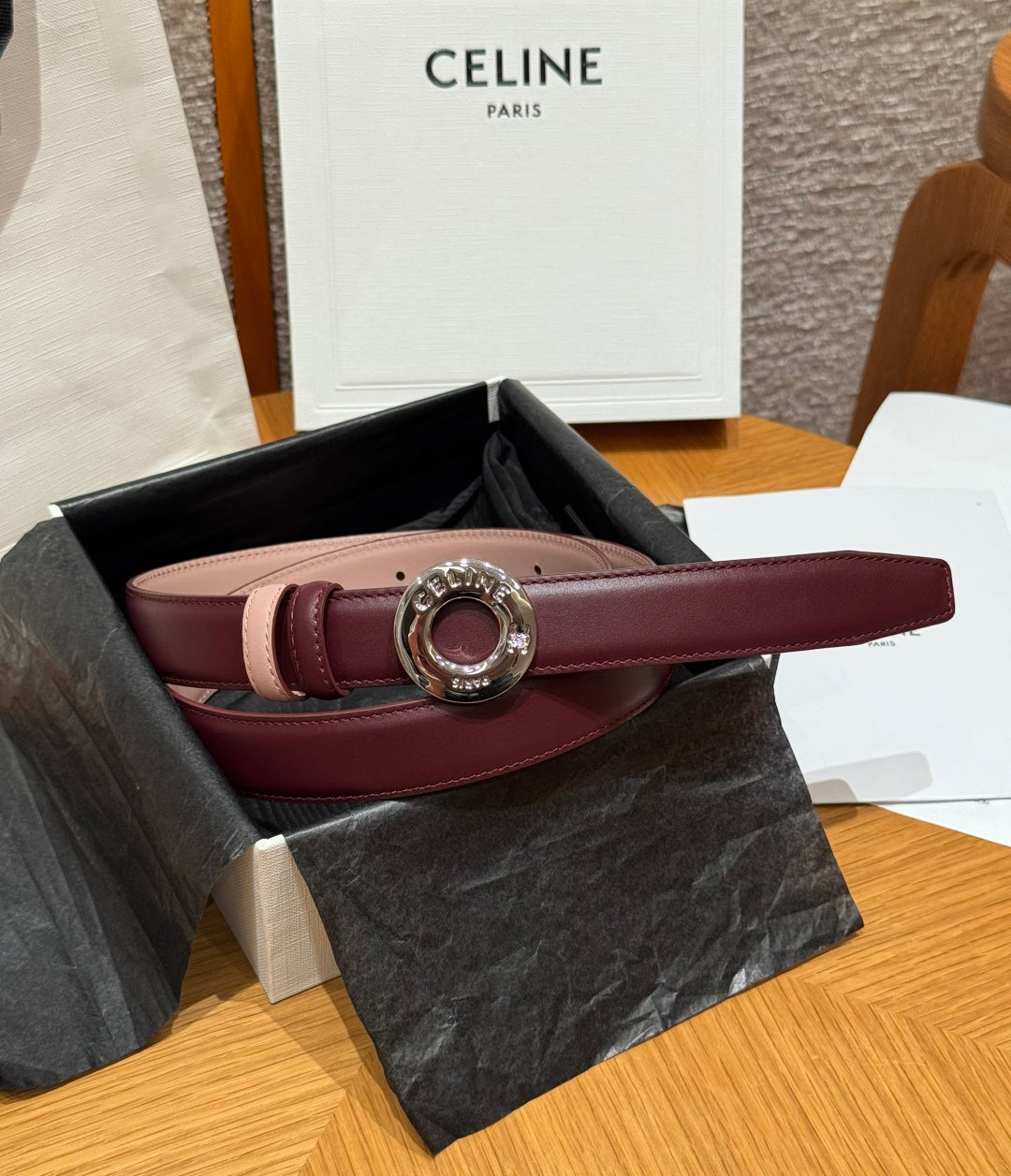 Celine 2026 Disc Buckle & Reversible Strap Belt 2.5cm Burgundy Leather
