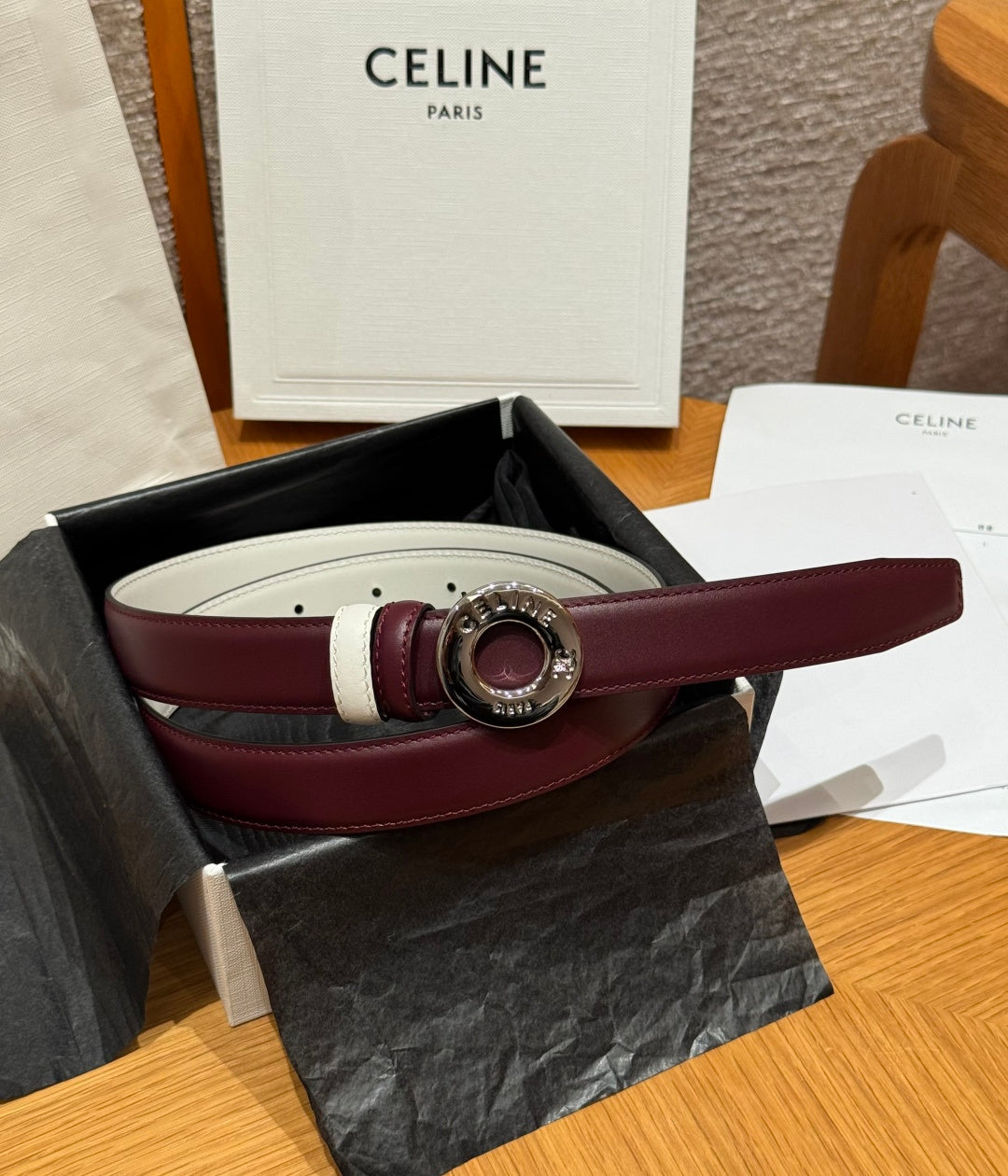 Celine 2026 Disc Buckle & Reversible Strap Belt 2.5cm Burgundy Leather