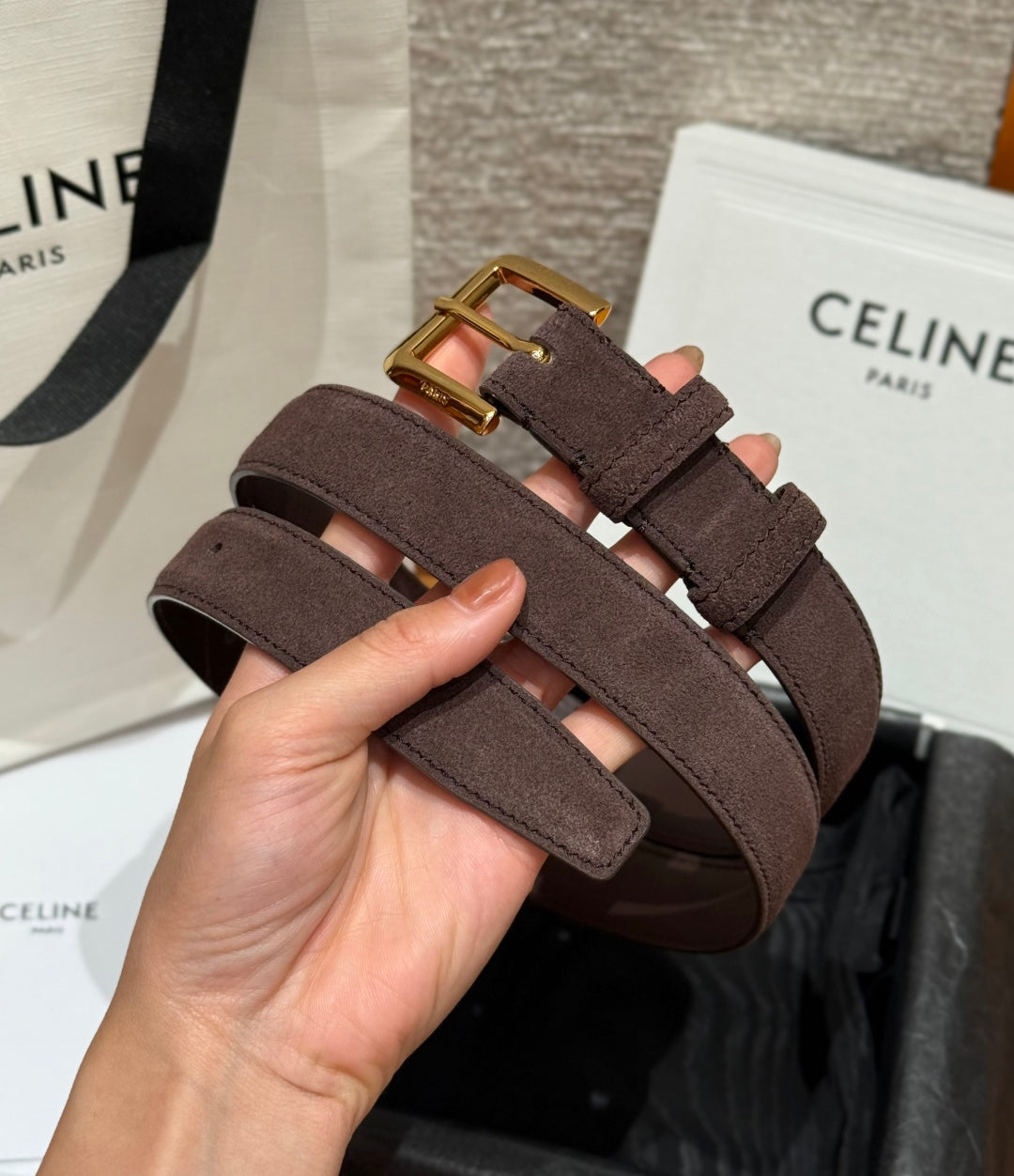 Celine 2026 Arc de Triomphe Belt 2.5cm Suede Cowhide
