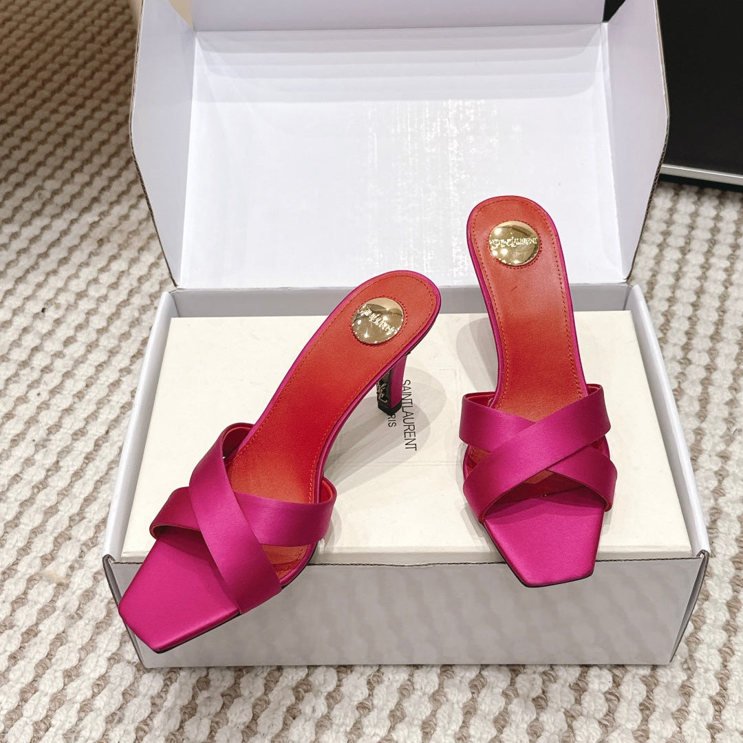 YSL 26ss High-Heeled Mules 75 Satin Leather