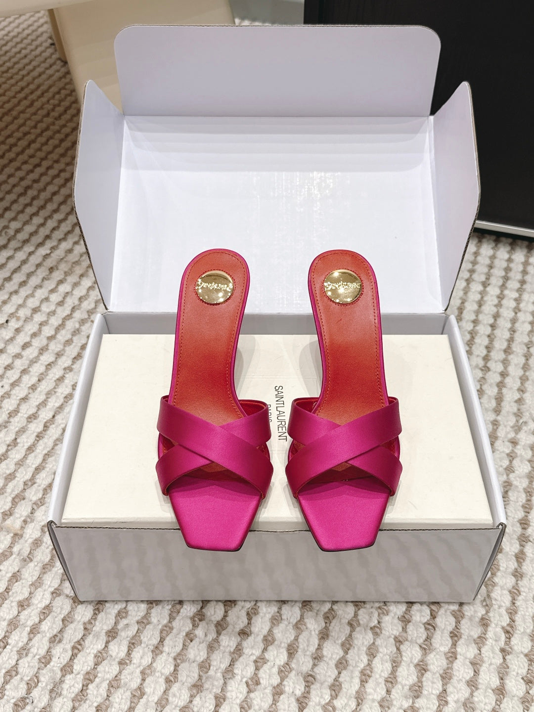YSL 26ss High-Heeled Mules 75 Satin Leather