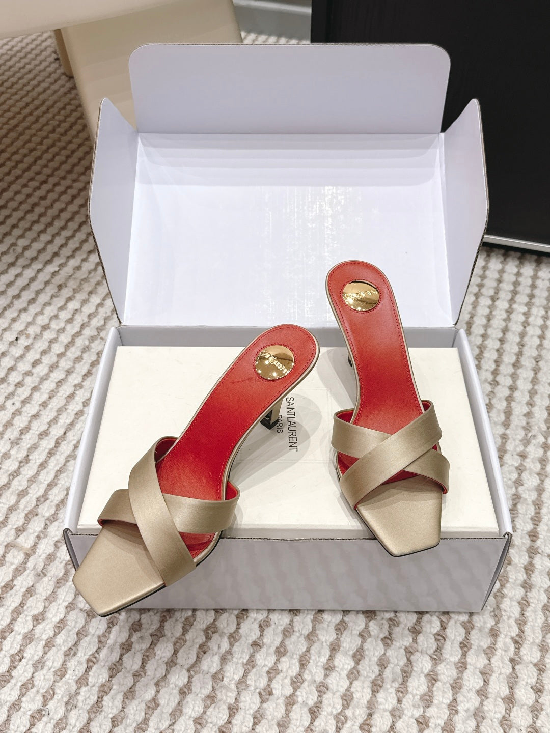 YSL 26ss High-Heeled Mules 75 Satin Leather