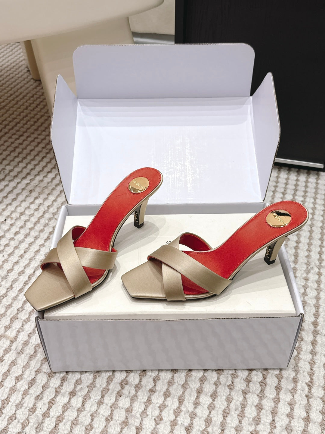 YSL 26ss High-Heeled Mules 75 Satin Leather