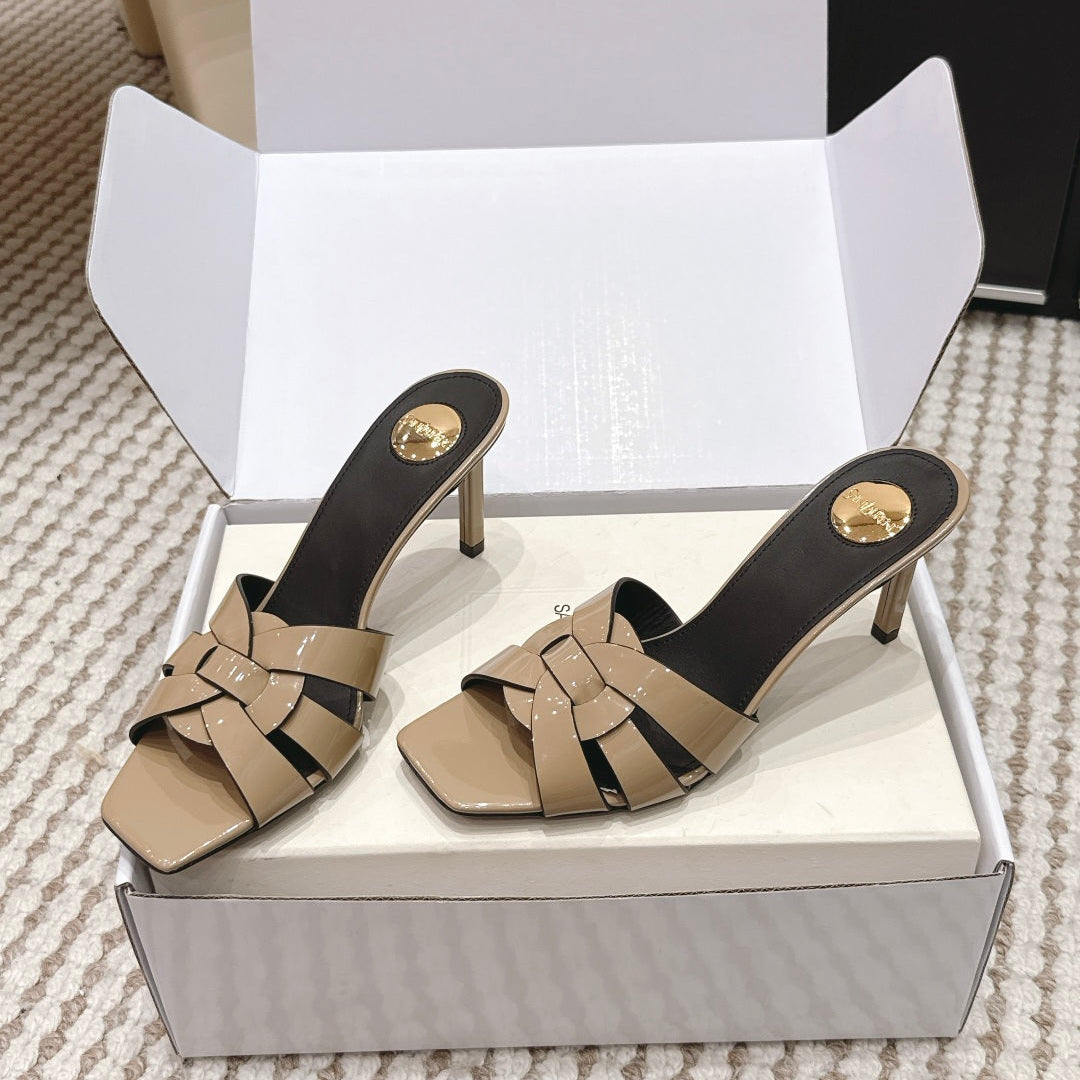YSL 26ss High-Heeled Slippers 75  Patent Leather