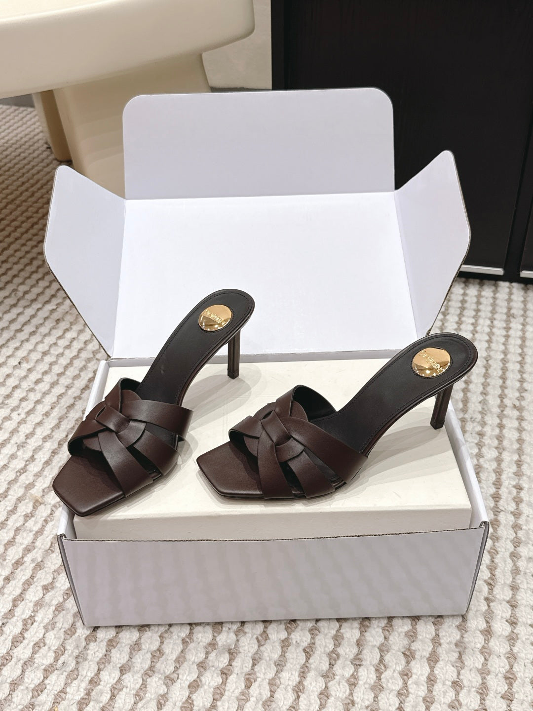 YSL 26ss High-Heeled Slippers 75 Calfskin