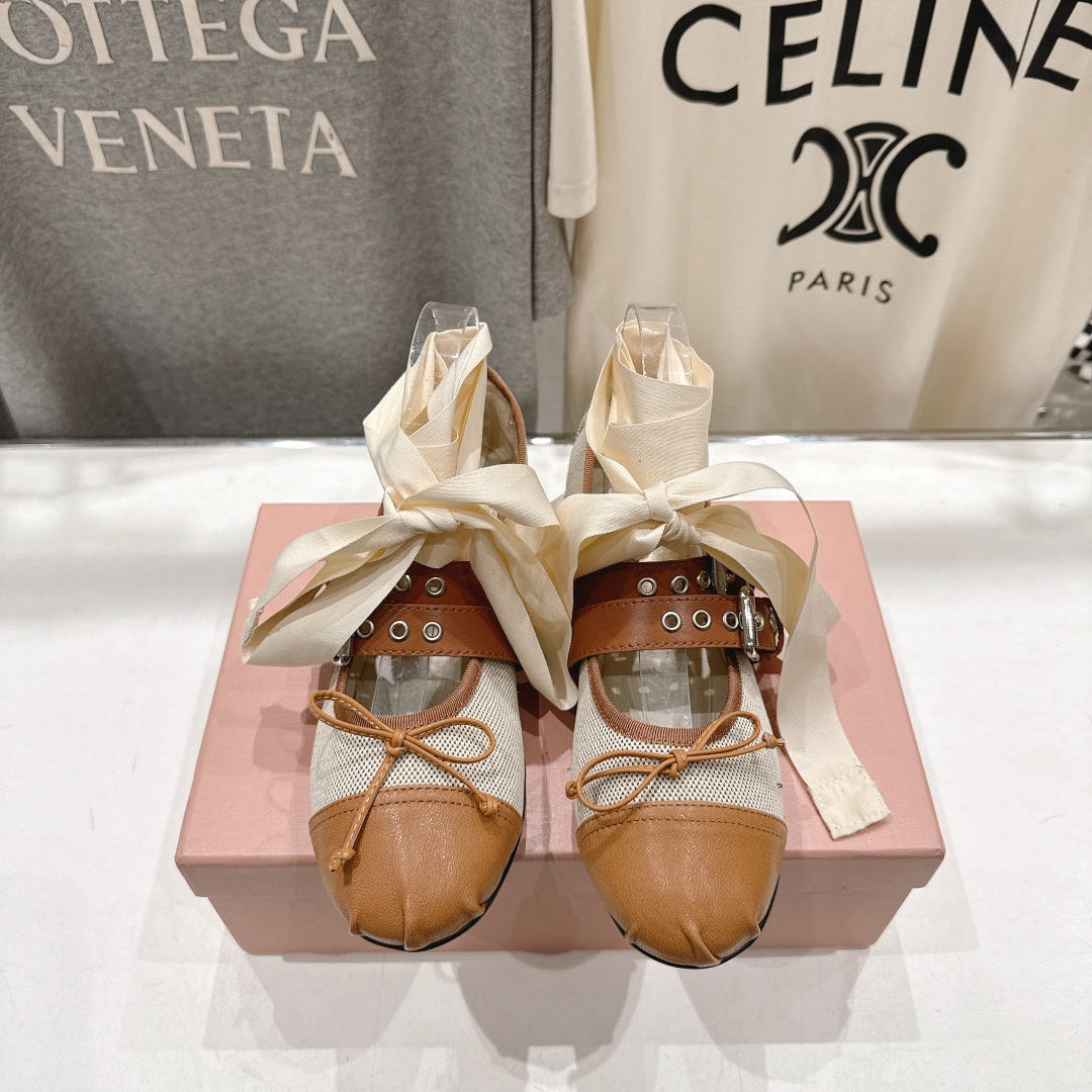 Miumiu 26ss Fairy Style Ballet Flats Satin Canvas Sheepskin